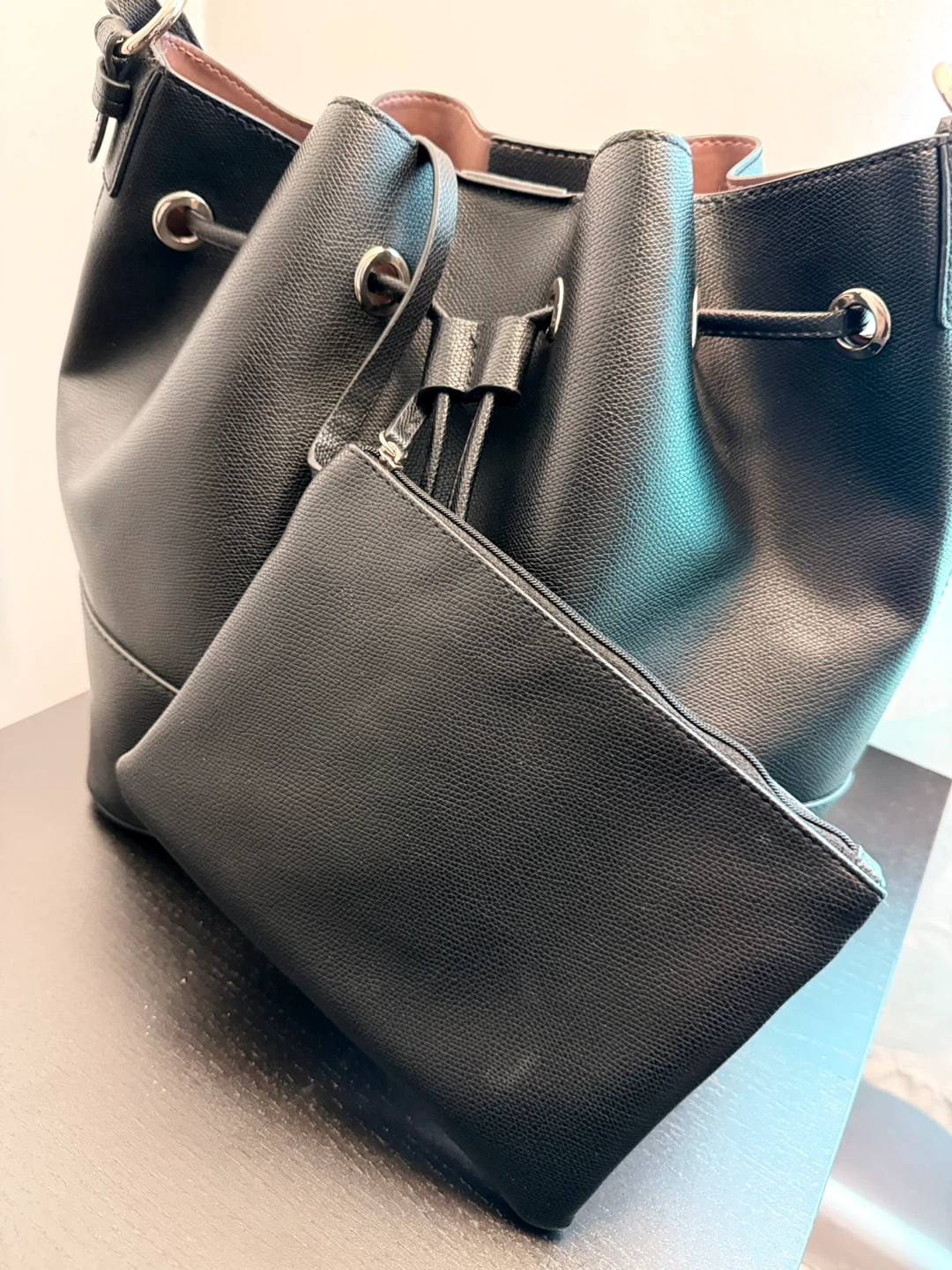 Black Faux Leather Bucket Bag with Pouch - photo 2