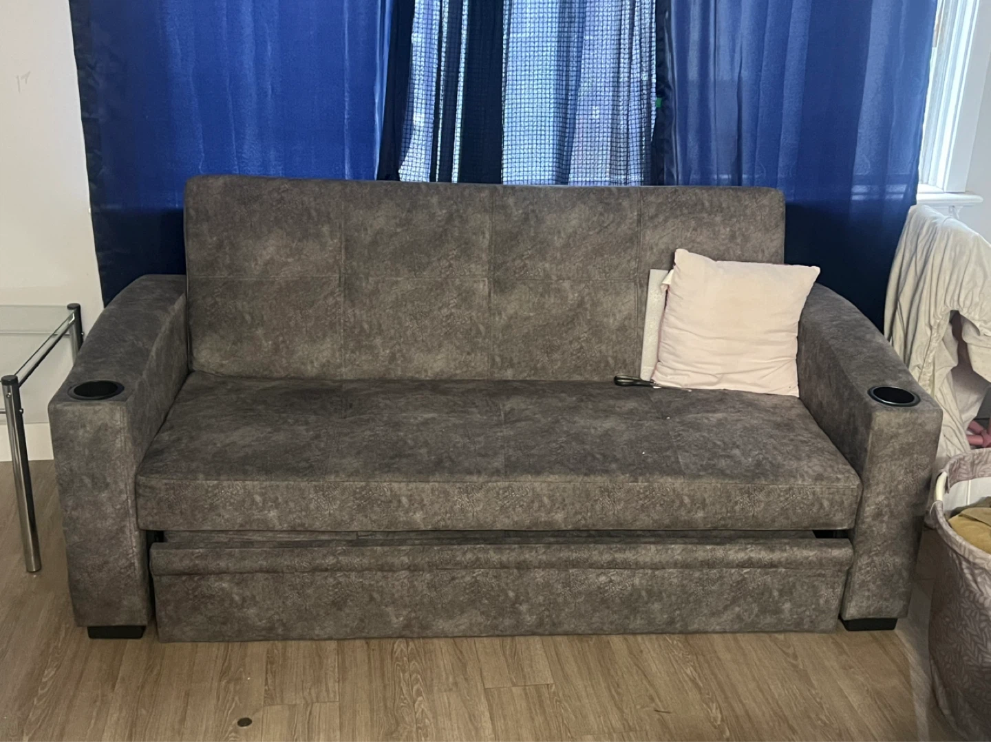 Grey Sofa Bed with Cup Holders