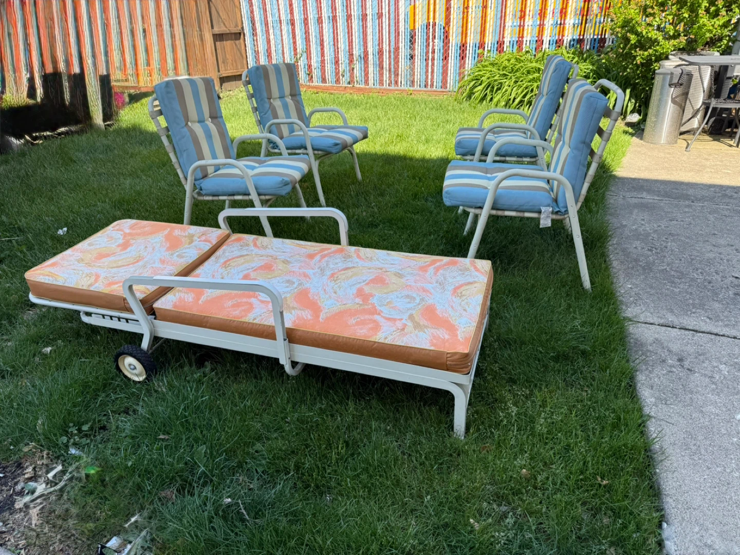Set of 4 Patio Chairs and Chaise Lounge, $125.00 or best offer.