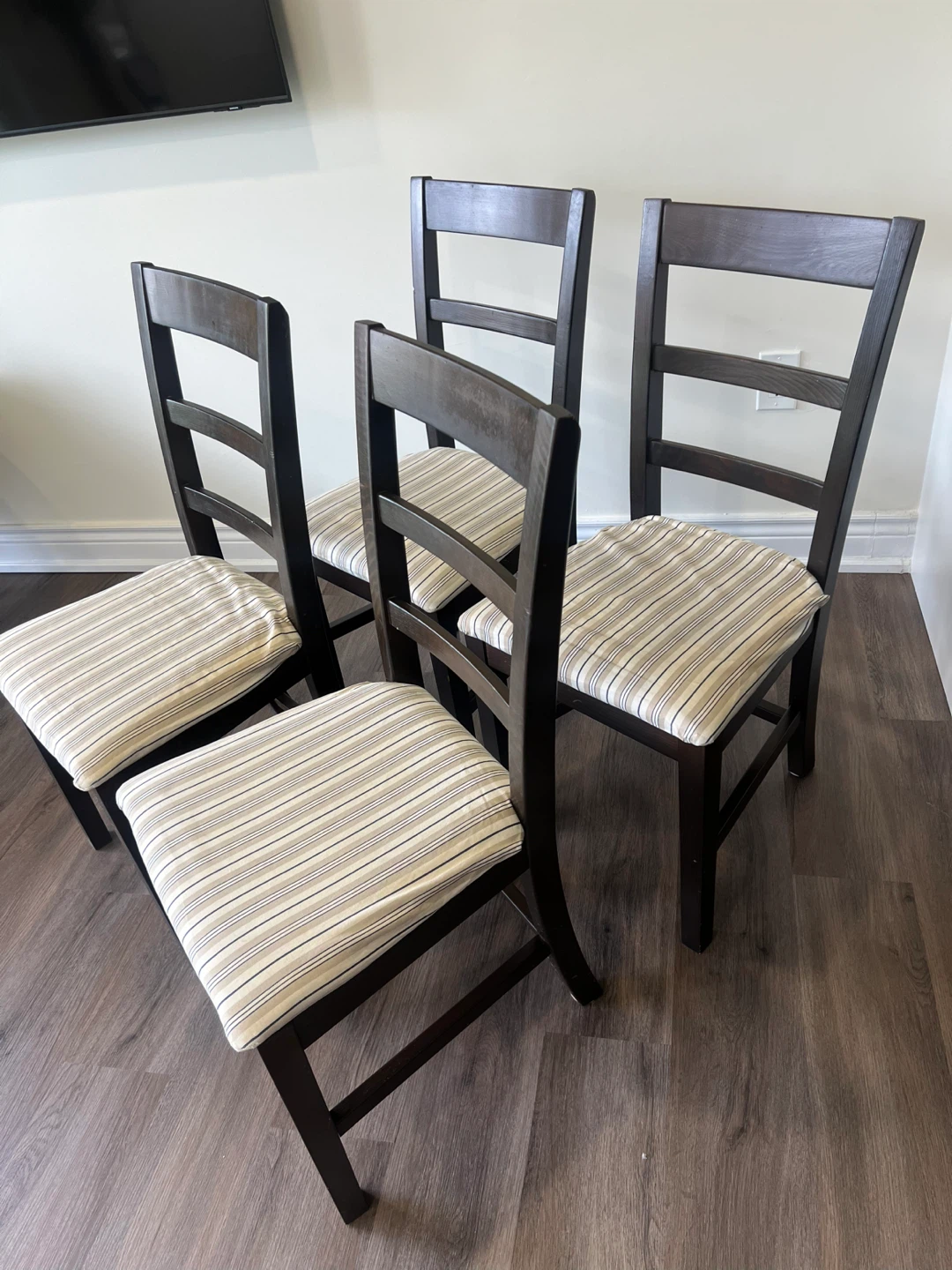 Set of 4 Dark Brown Dining Chairs with Striped Cushions