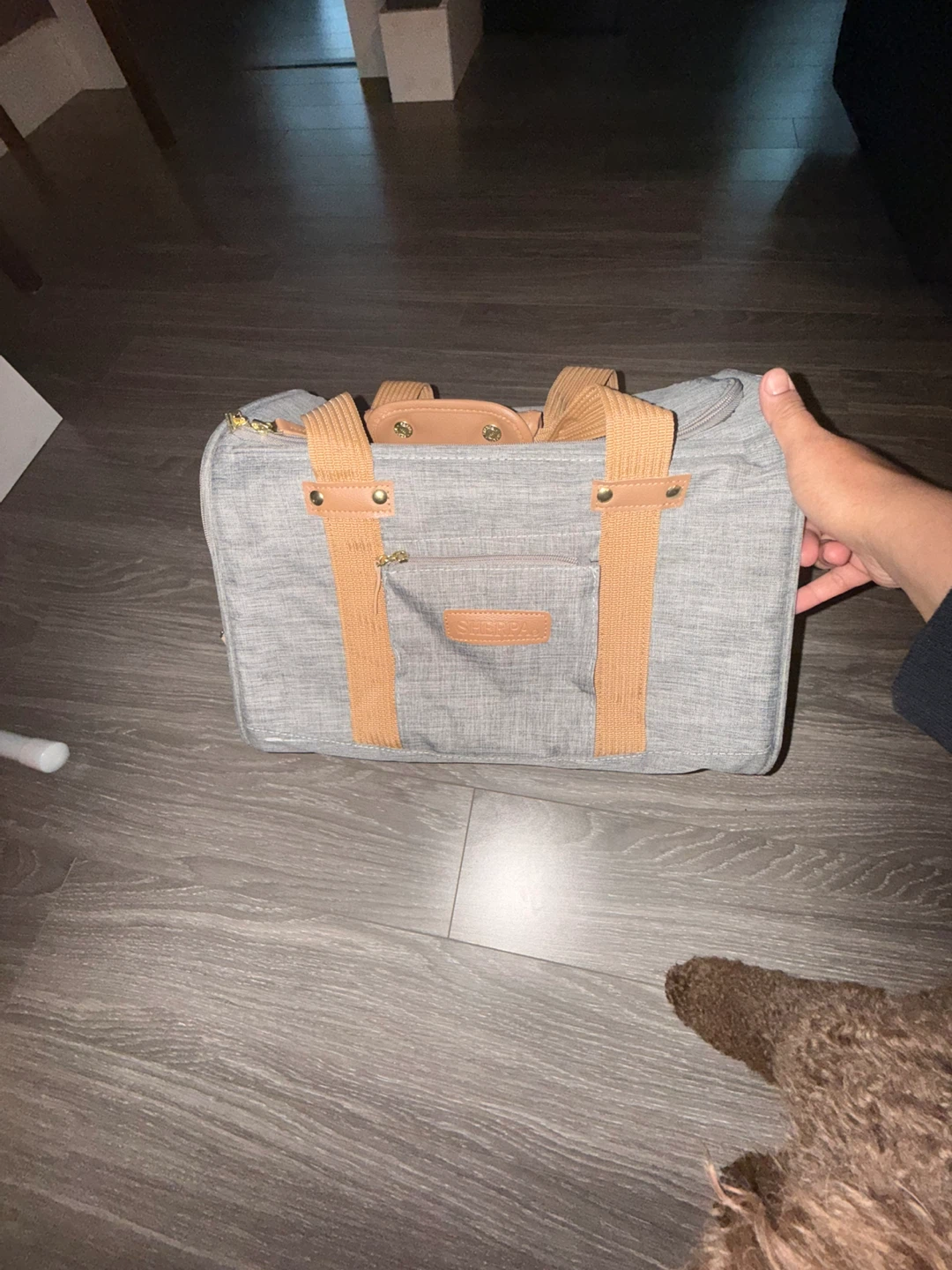 Grey Pet Carrier Bag with Tan Accents