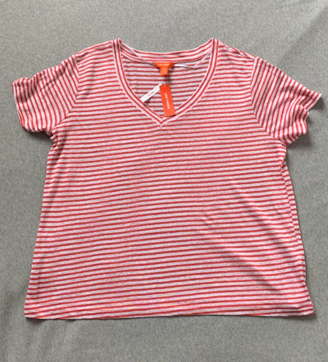 100% Linen Ladies Brand New Red Striped V-Neck Shirt - Size XL