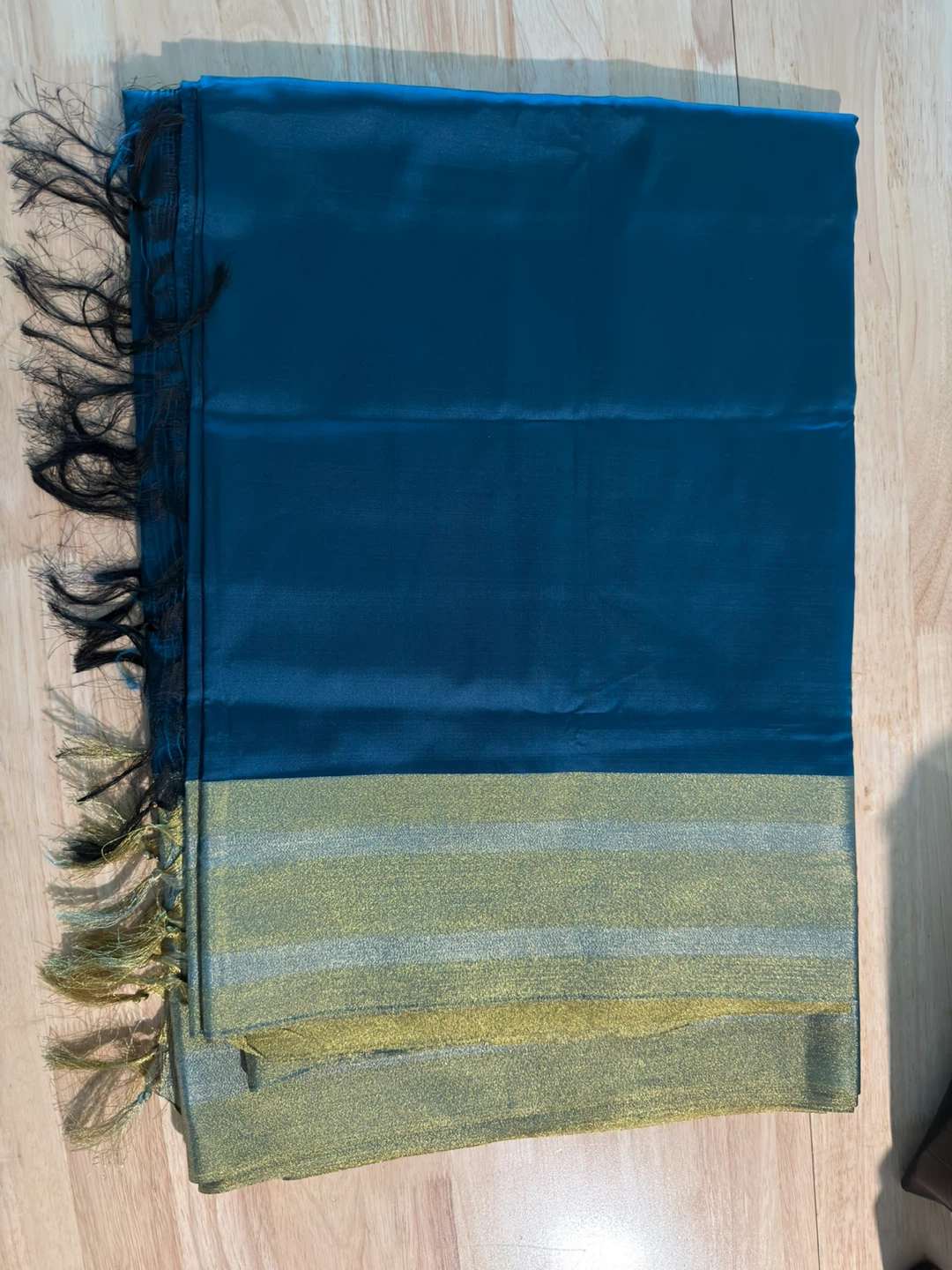 Silk Teal Blue Saree with Gold Border + stitched blouse