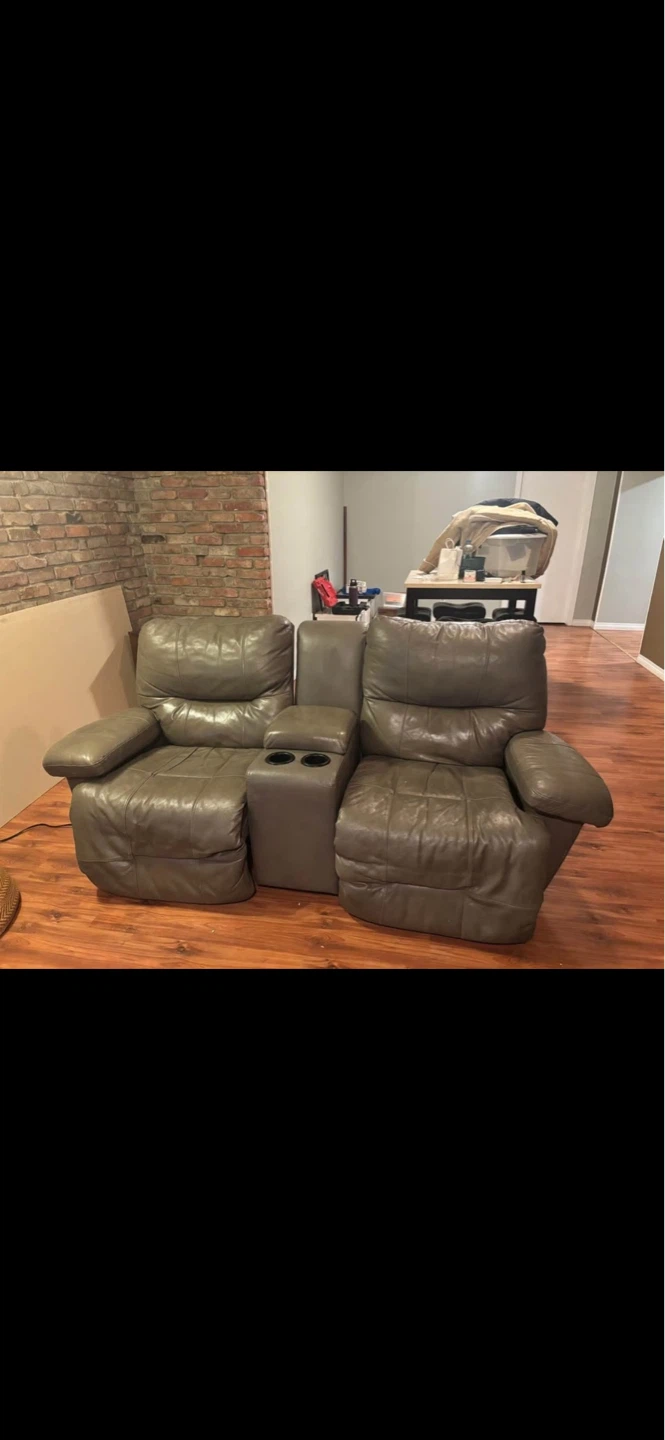 Grey Leather Reclining Sofa with Cup Holders and Storage