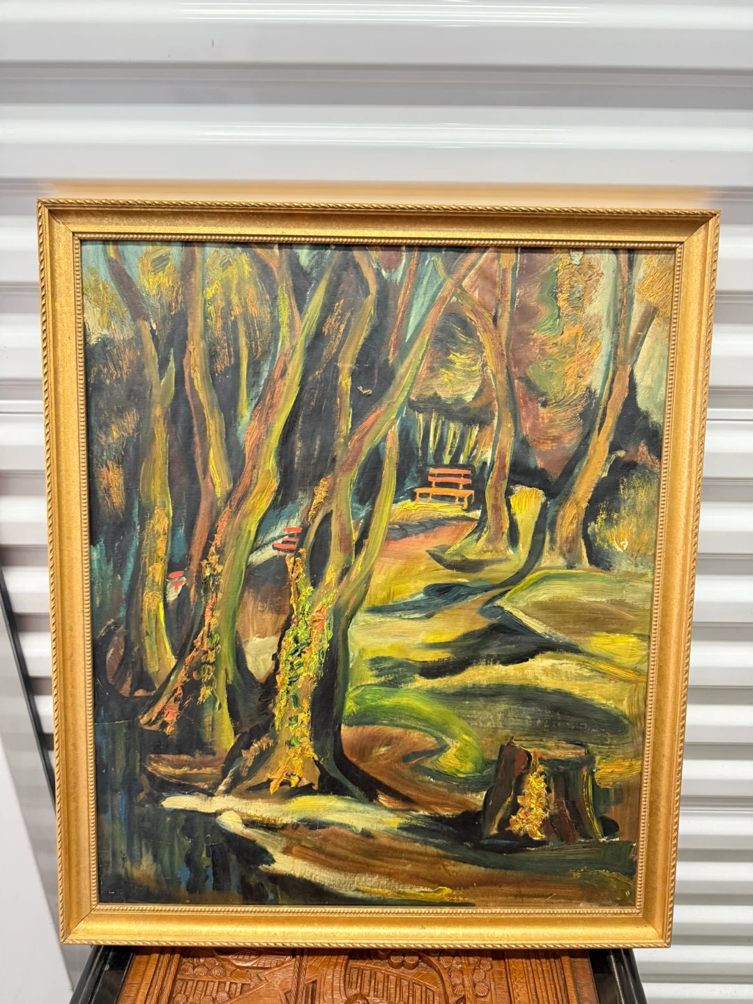 Framed Oil Painting of a Forest Scene with a Bench - photo 2