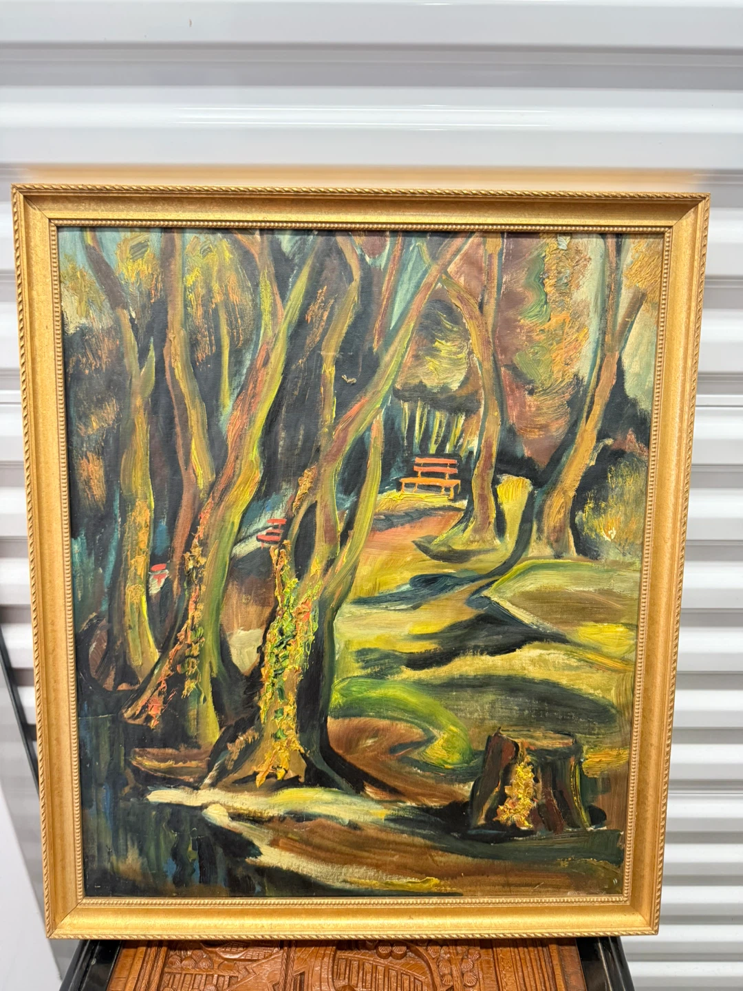 Framed Oil Painting of a Forest Scene with a Bench