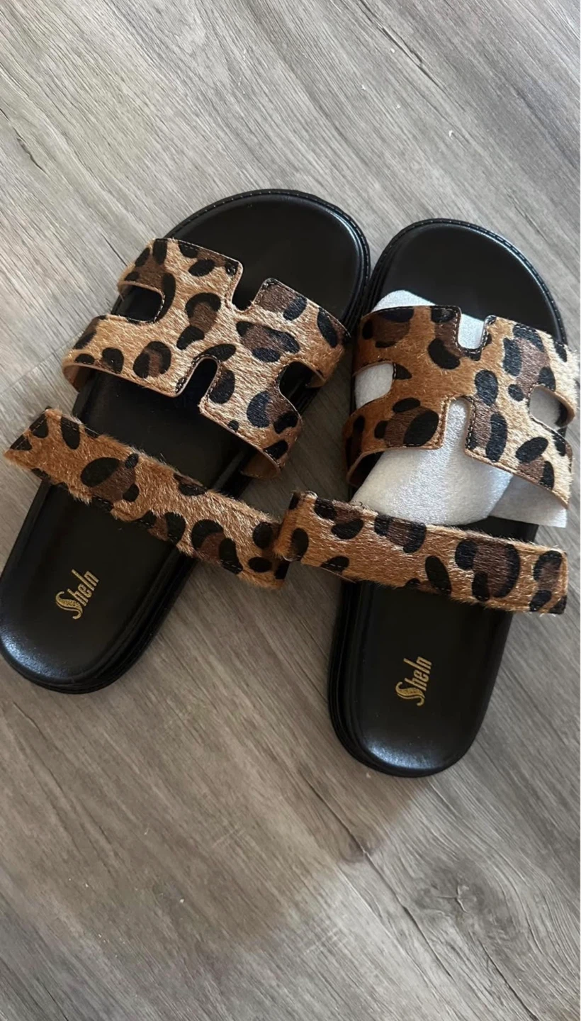 SHEIN Leopard Print Furry Slides - Women's Sandals