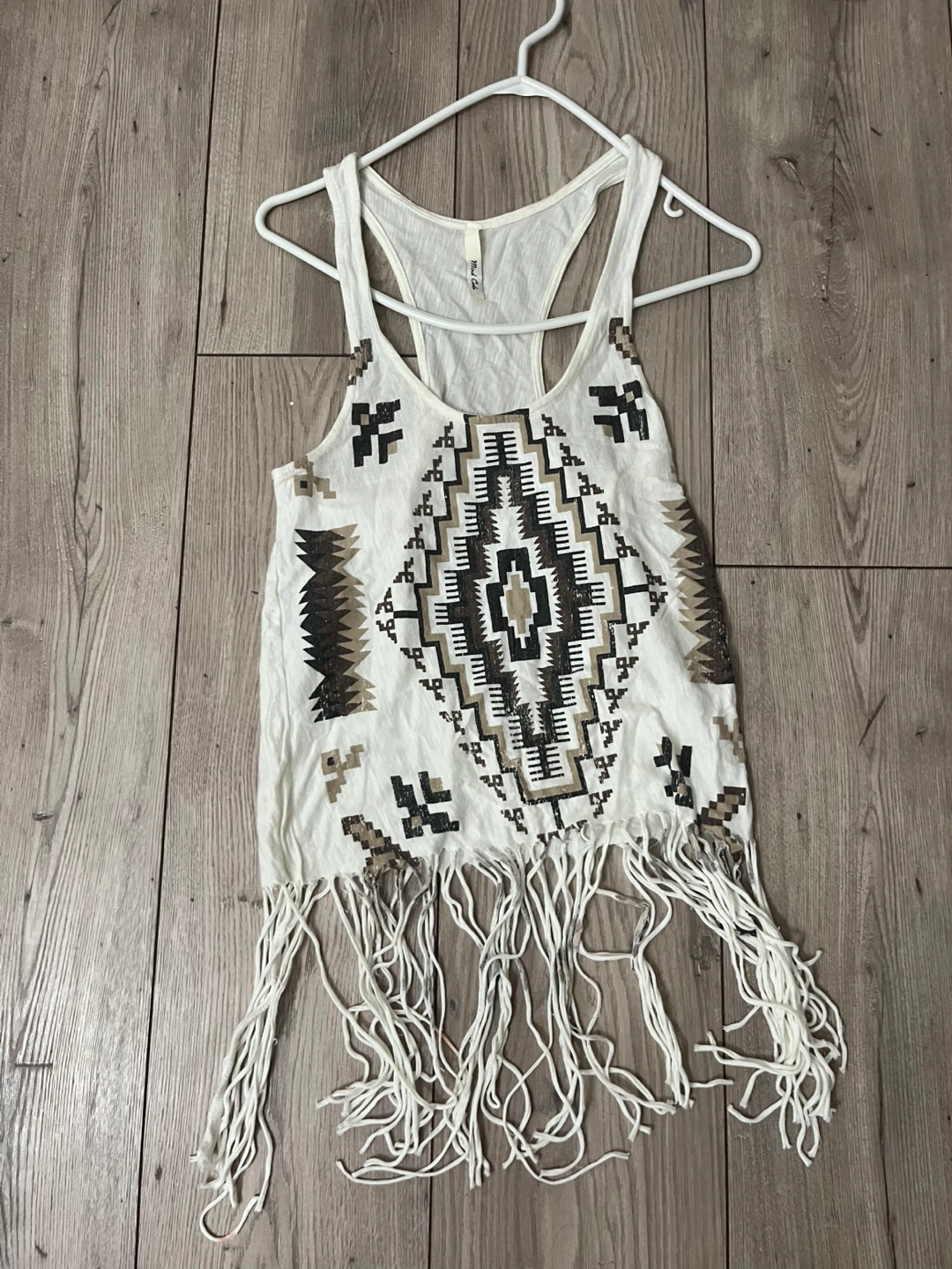 White Tribal Print Fringe Tank Top