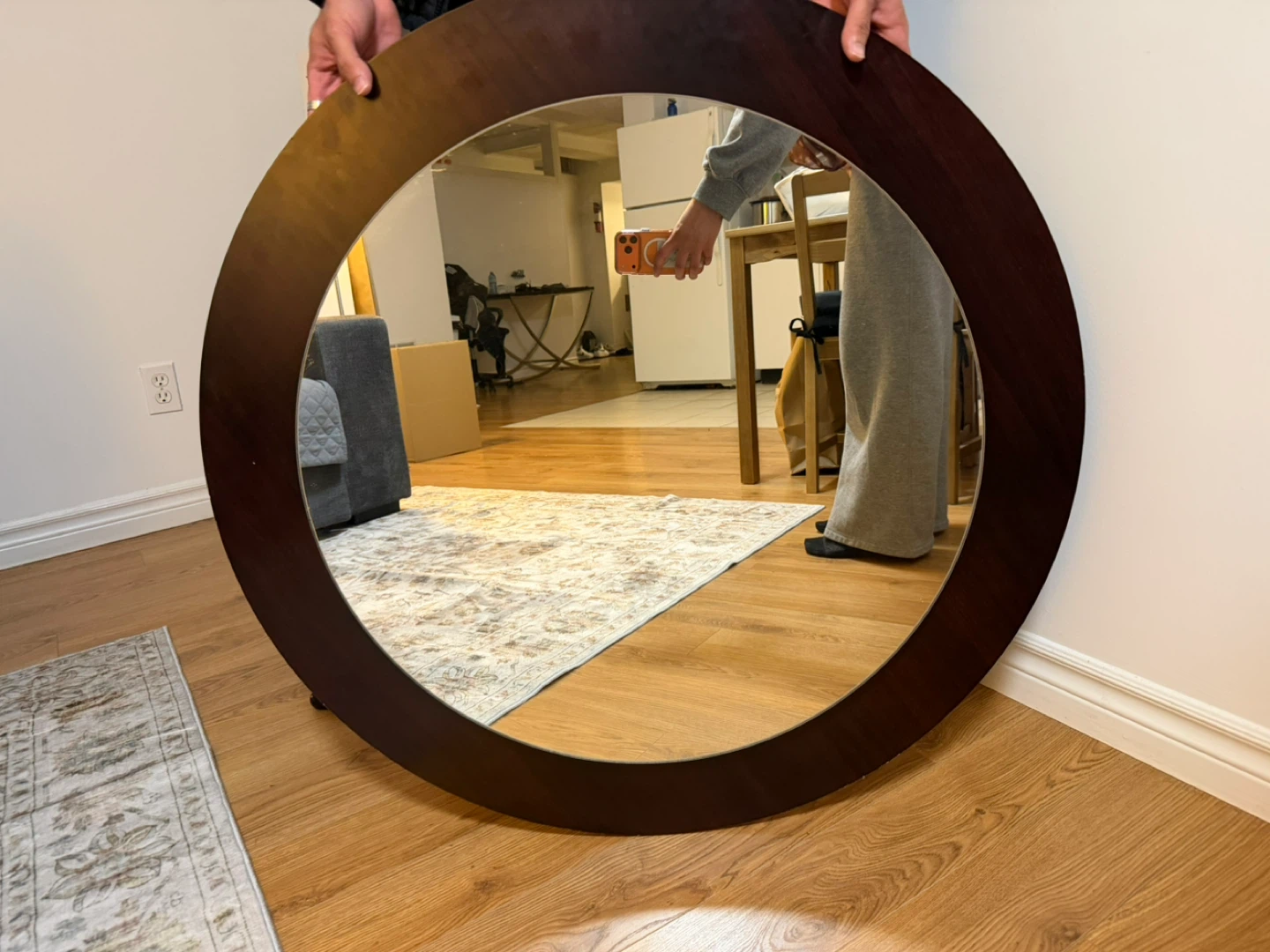 Round Wall Mirror with Dark Wood Frame
