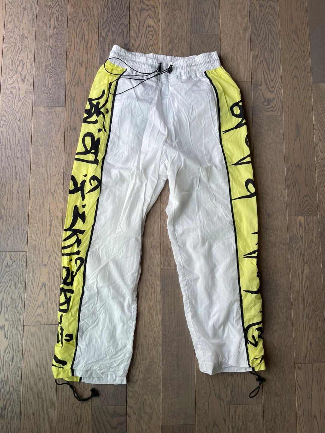 White Track Pants with Yellow Graphic Sides, size S