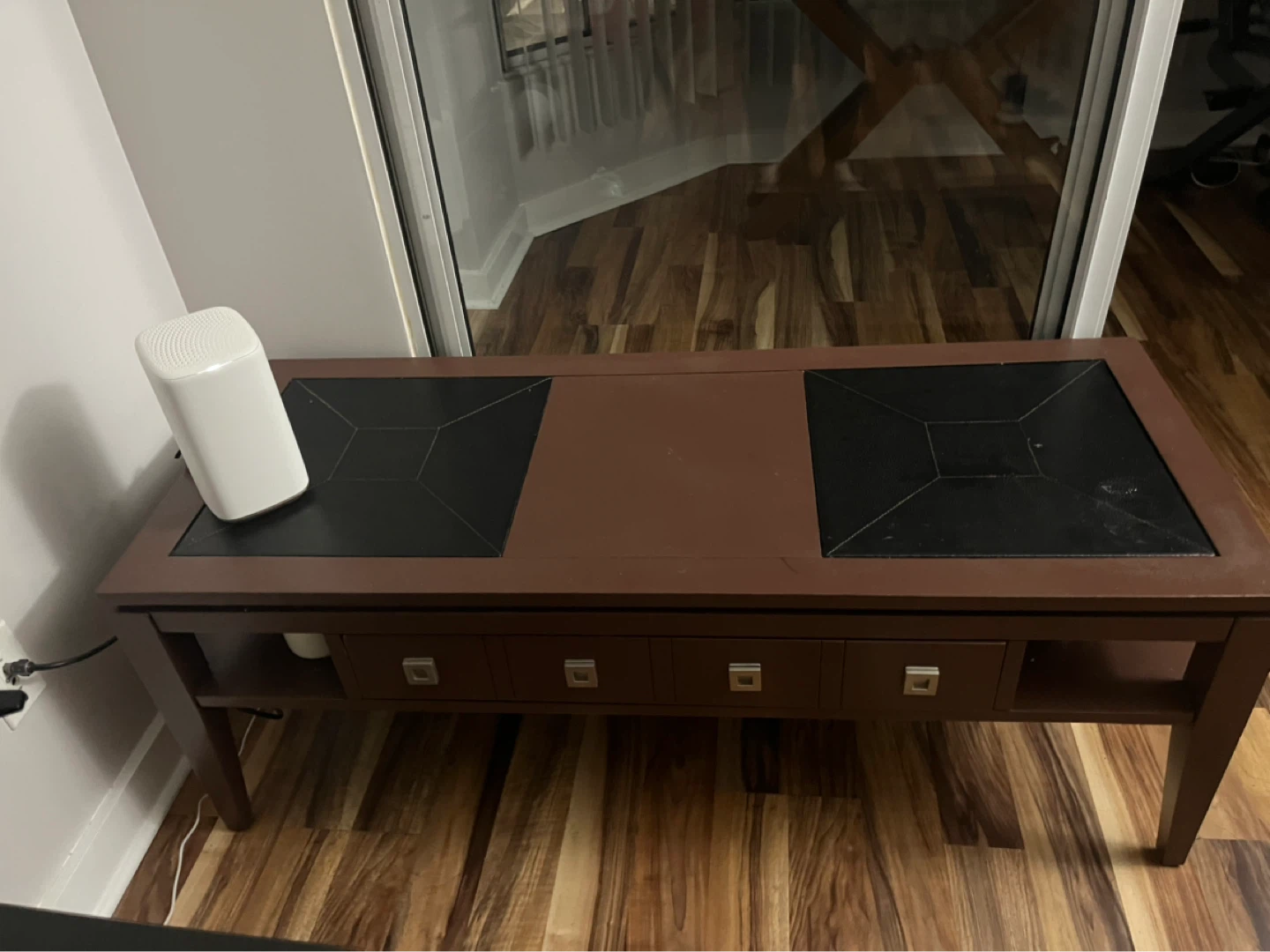Brown Coffee Table with Black Inlays and Drawers