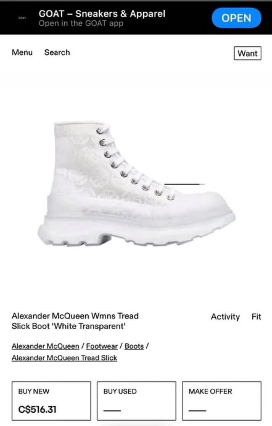 38.5 Alexander McQueen Women's Tread Slick Boot