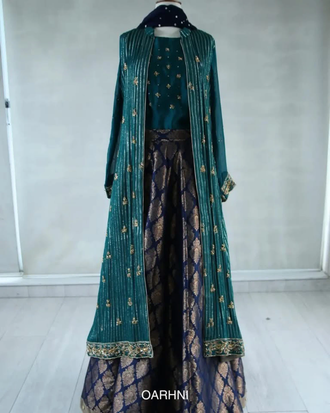 Teal & Navy Embroidered Dress with Jacket - photo 2