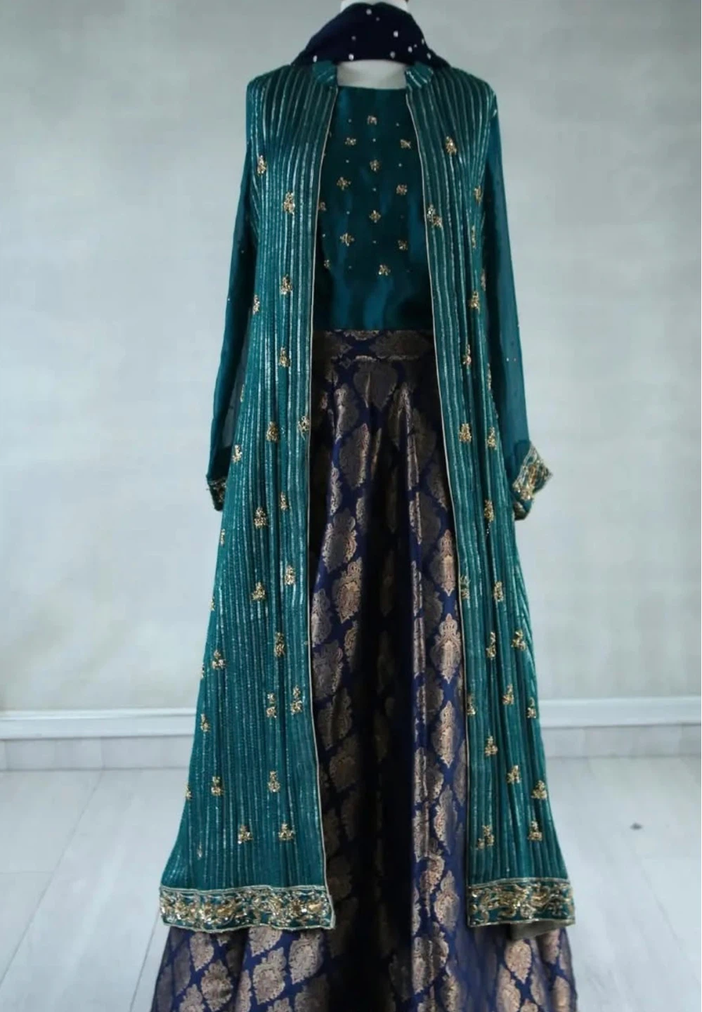 Teal & Navy Embroidered Dress with Jacket