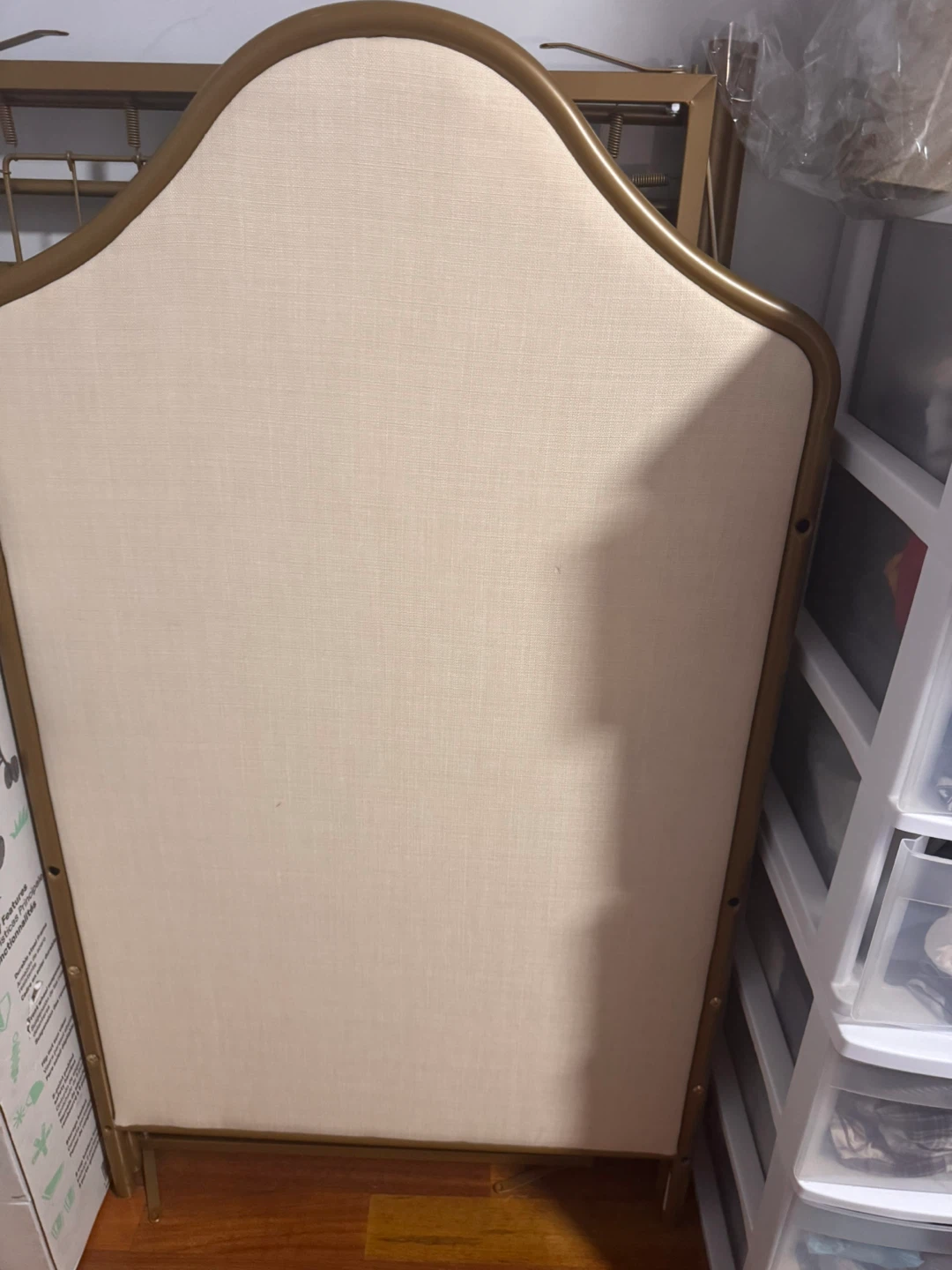 Ornate Gold Metal Headboard with Beige Fabric Inset - photo 3