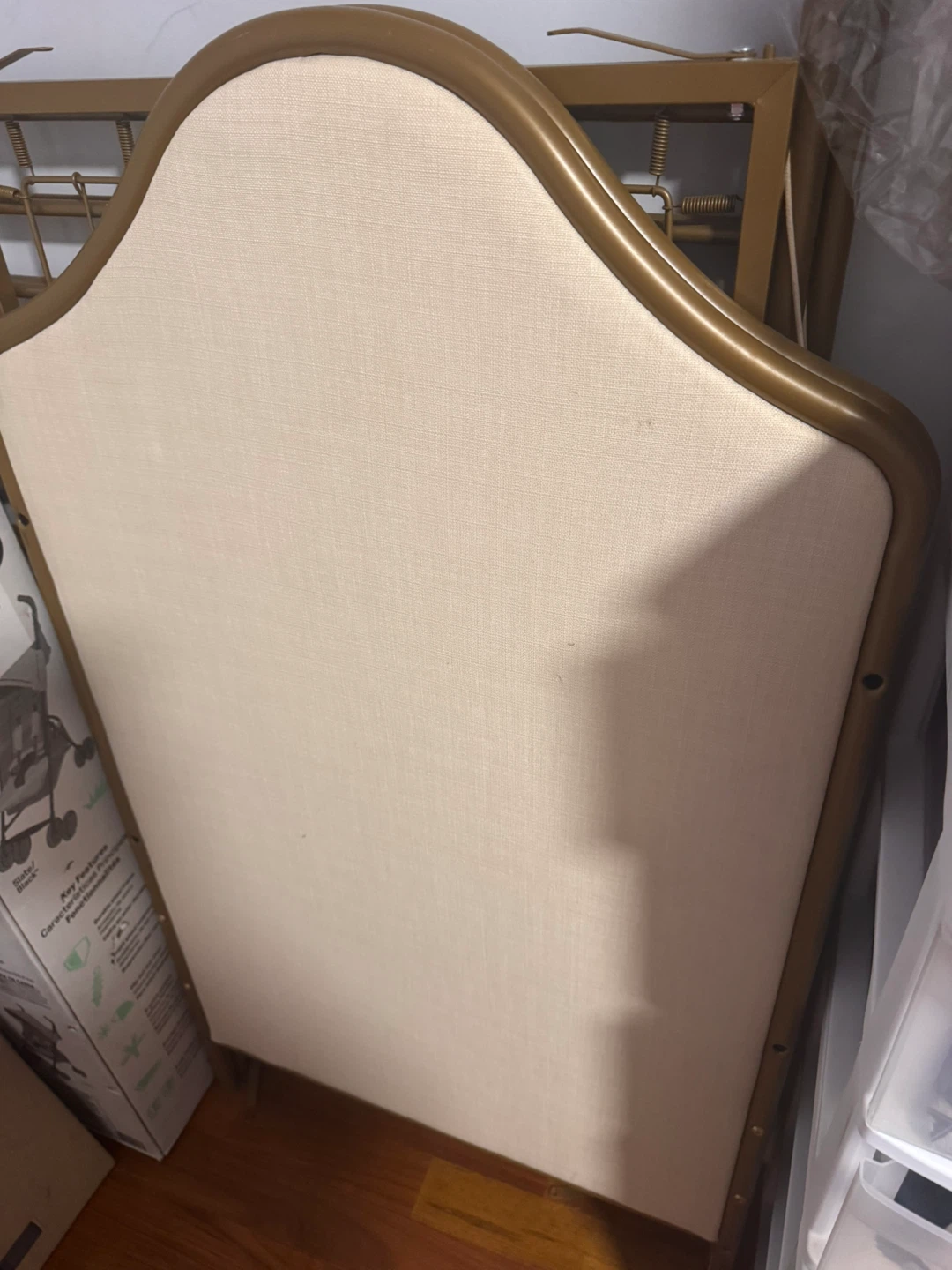 Ornate Gold Metal Headboard with Beige Fabric Inset
