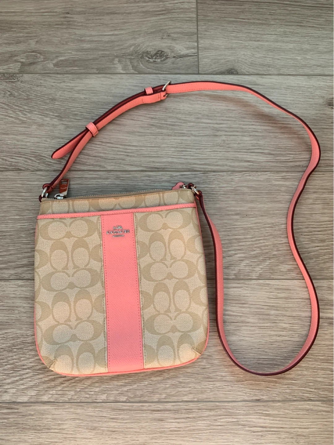 Coach Signature Jacquard Crossbody Bag Pink Trim