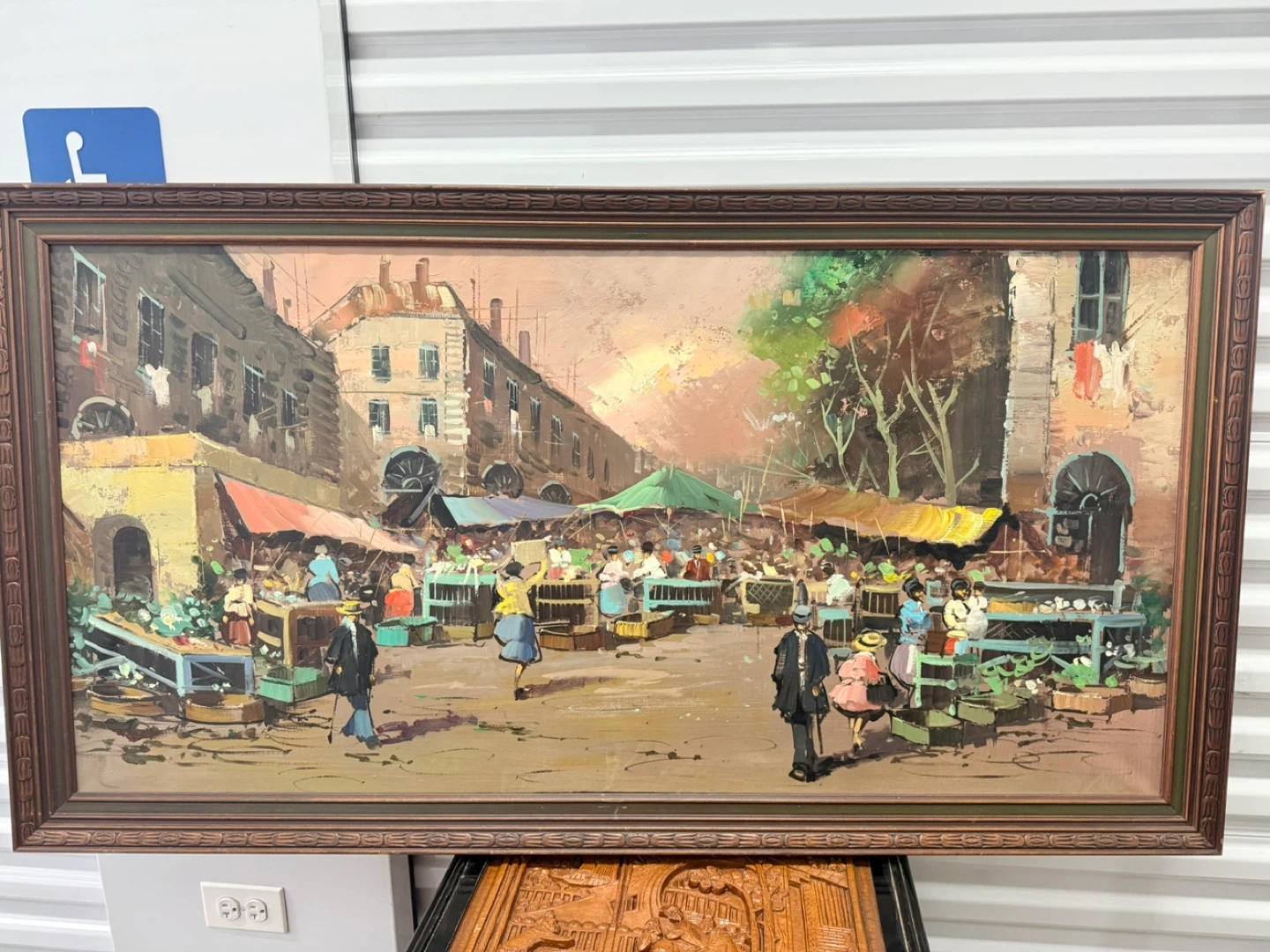 Framed Vintage Oil Painting of a Bustling European Market Scene - photo 3