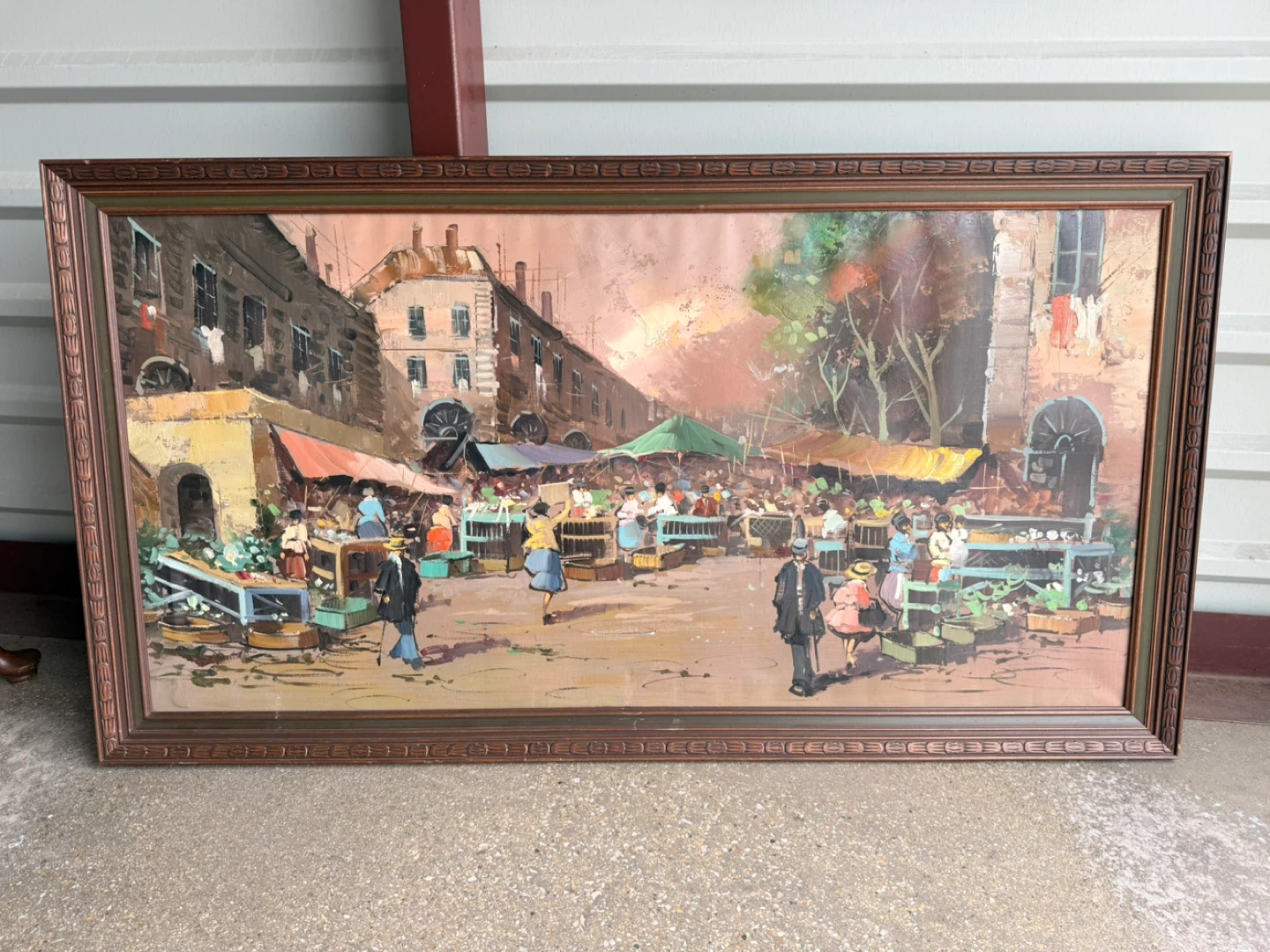 Framed Vintage Oil Painting of a Bustling European Market Scene