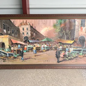 Framed Vintage Oil Painting of a Bustling European Market Scene