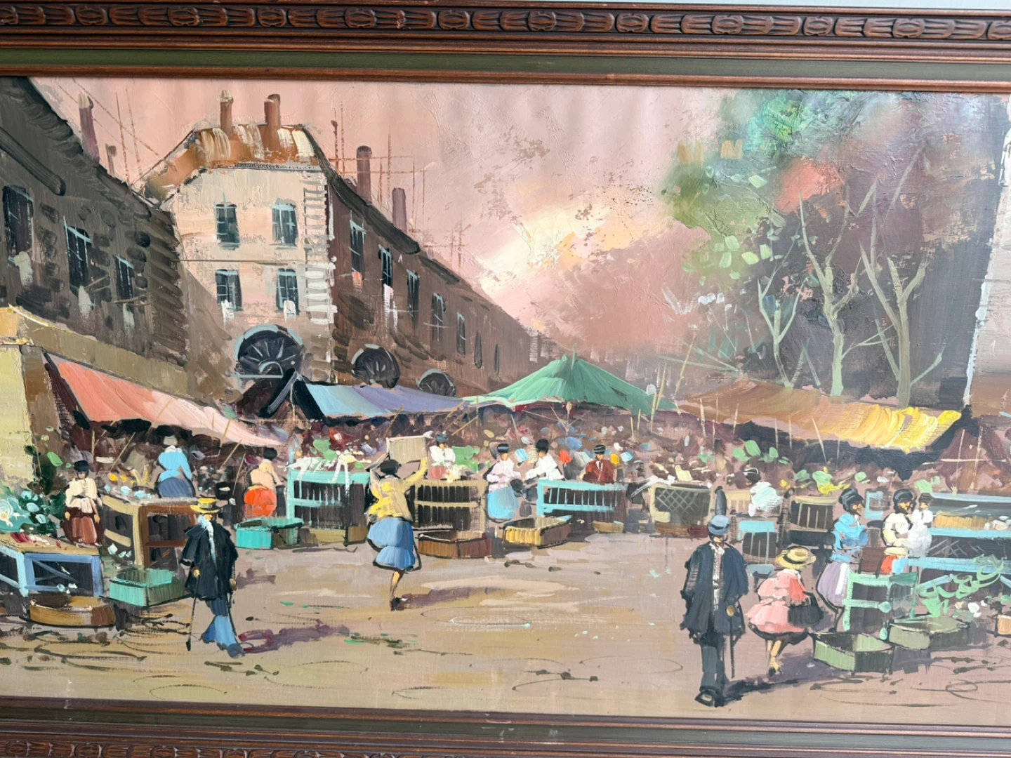 Framed Vintage Oil Painting of a Bustling European Market Scene - photo 2