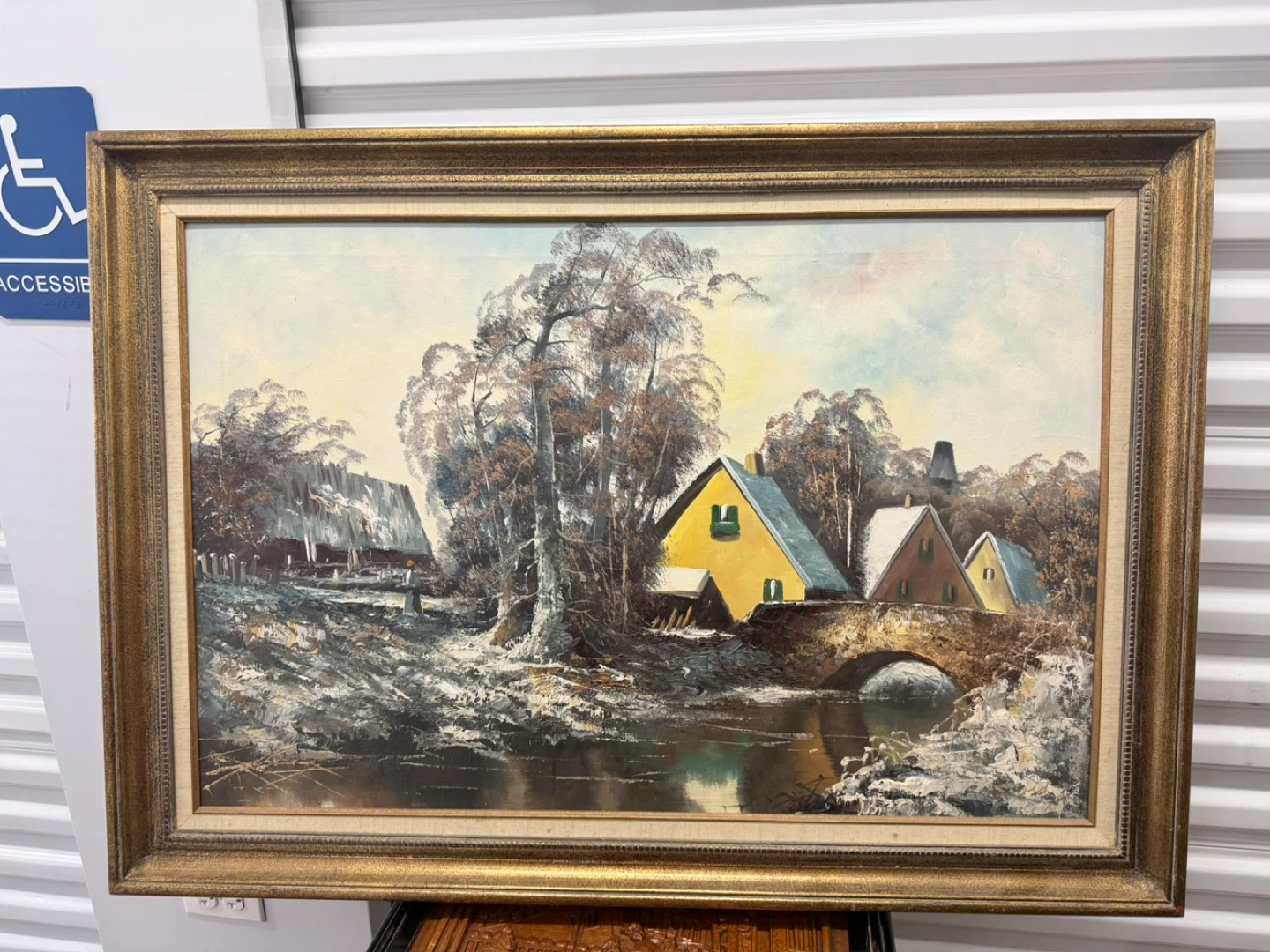 Vintage framed oil painting on canvas "Home With Stone Bridge" - photo 3