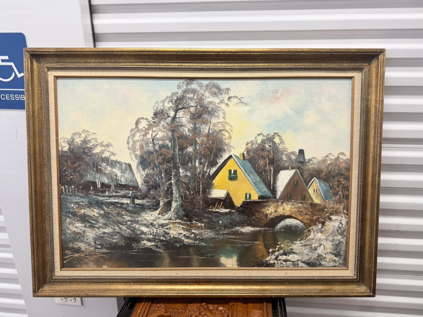 Vintage framed oil painting on canvas "Home With Stone Bridge" - photo 2