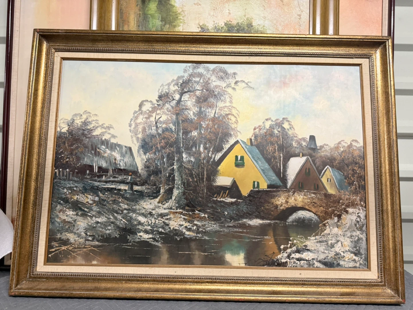 Vintage framed oil painting on canvas "Home With Stone Bridge"