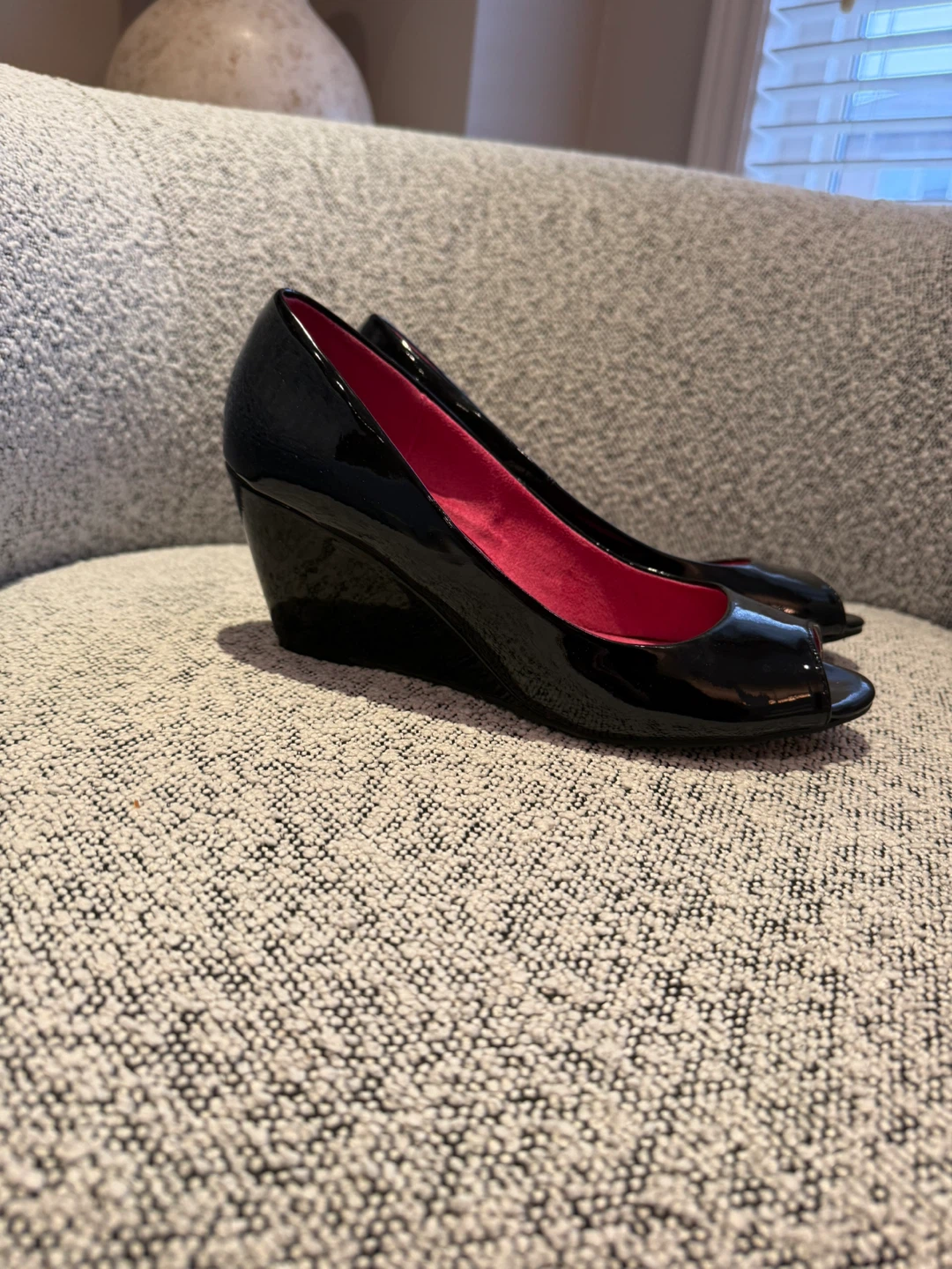 Dirty Laundry Black Patent Wedge Heels Peep Toe