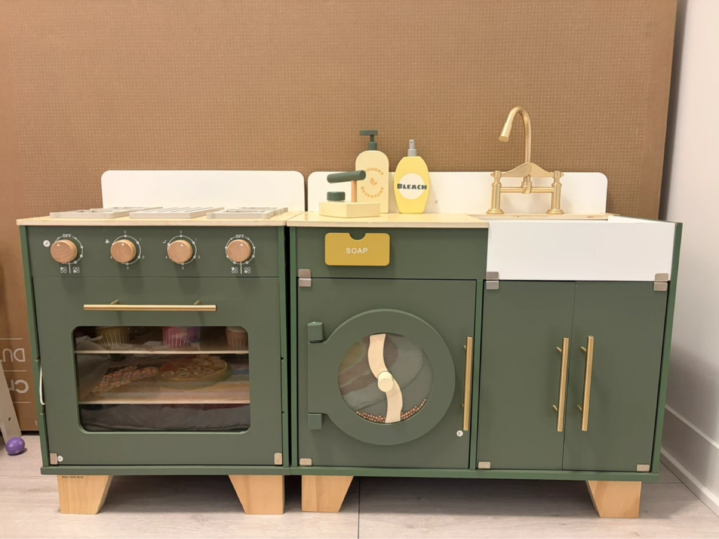 Wooden Play Kitchen with Oven, Washer, and Sink