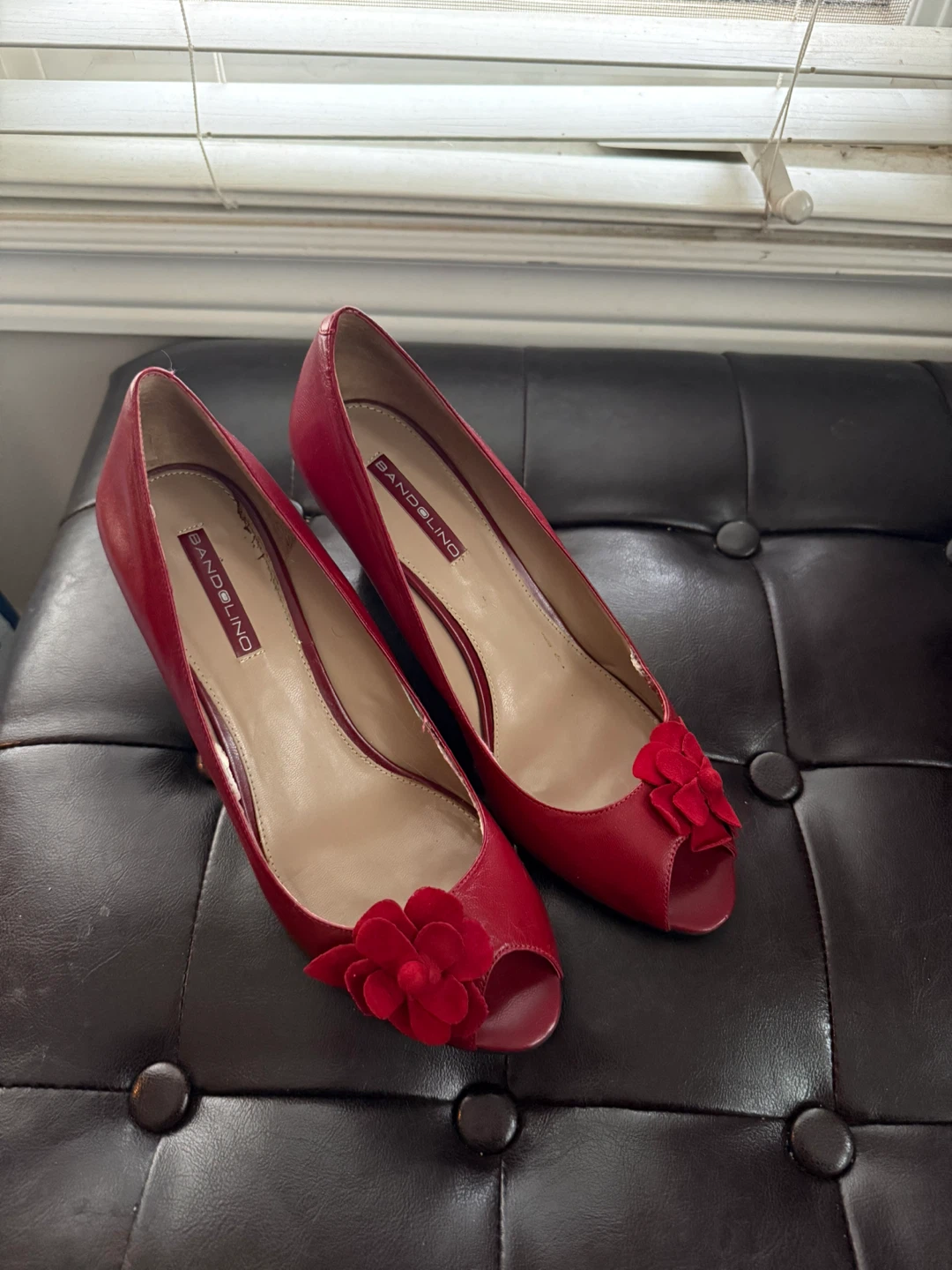 Bandolino Red Peep-Toe Wedge Heels