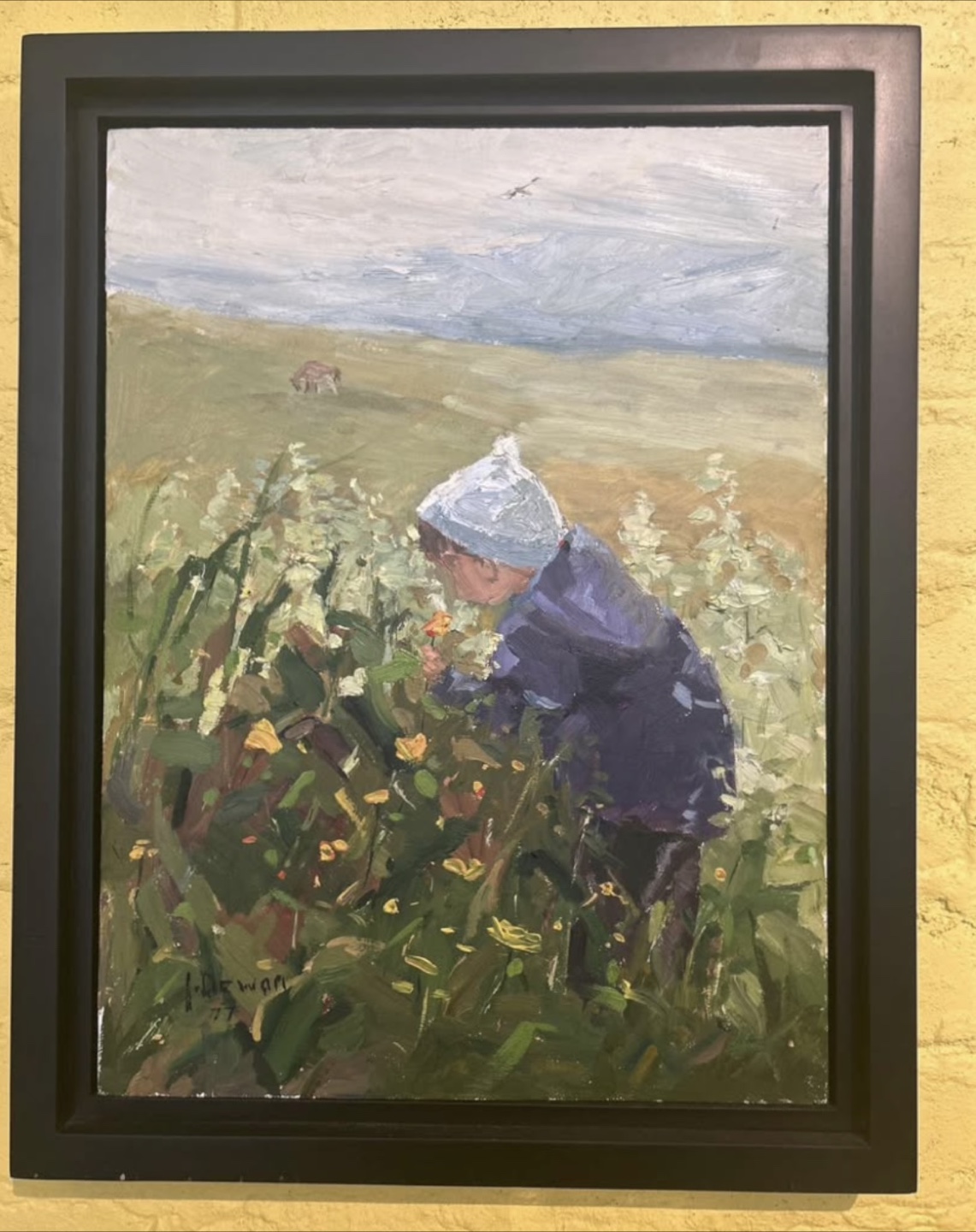 Oil Painting "Child in Field" by J. Dewan 1977