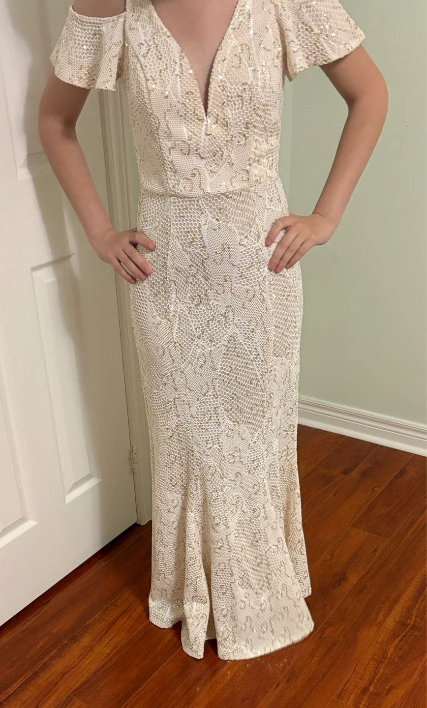White Lace Cold Shoulder Evening Gown