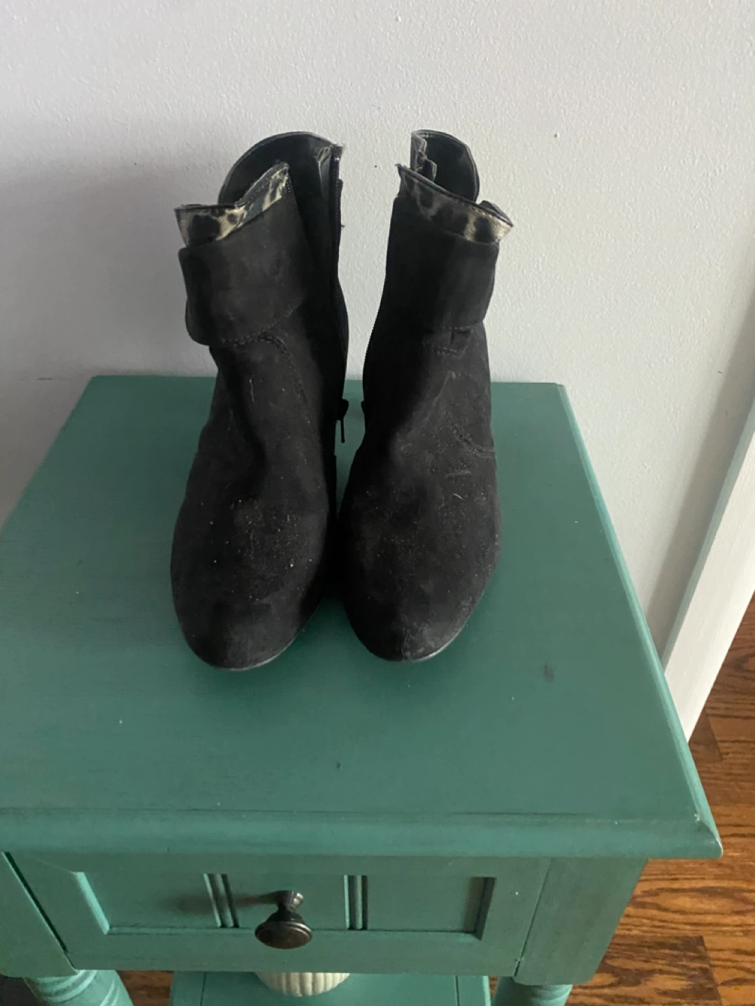 Black Ankle Boots with Leopard Print Accent