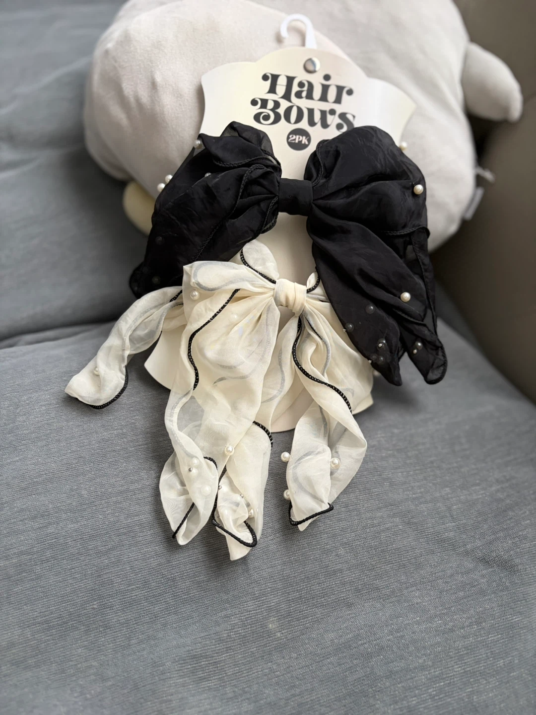 Black and Cream Hair Bows with Pearls (2 Pack)