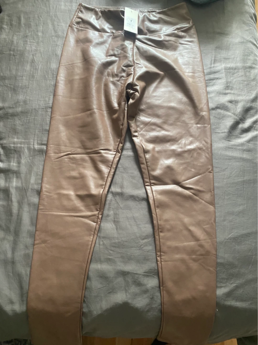 Faux Leather Leggings - Brown - L/G