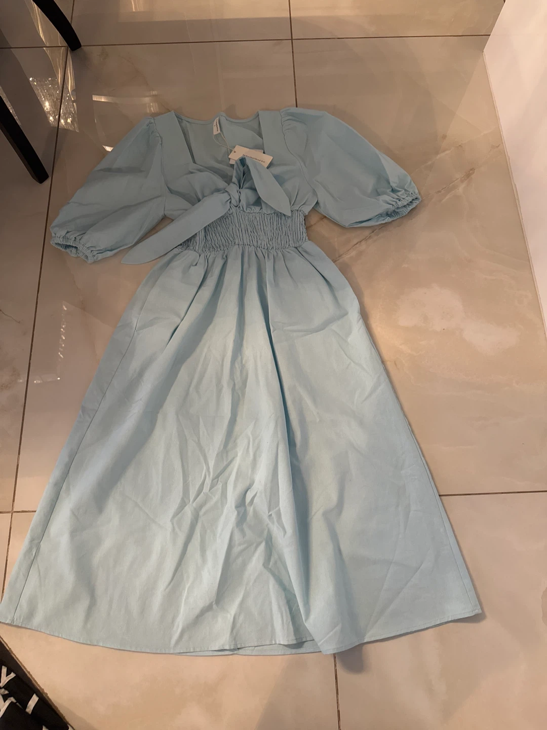 Commense Blue Puff Sleeve Midi Dress - Size L