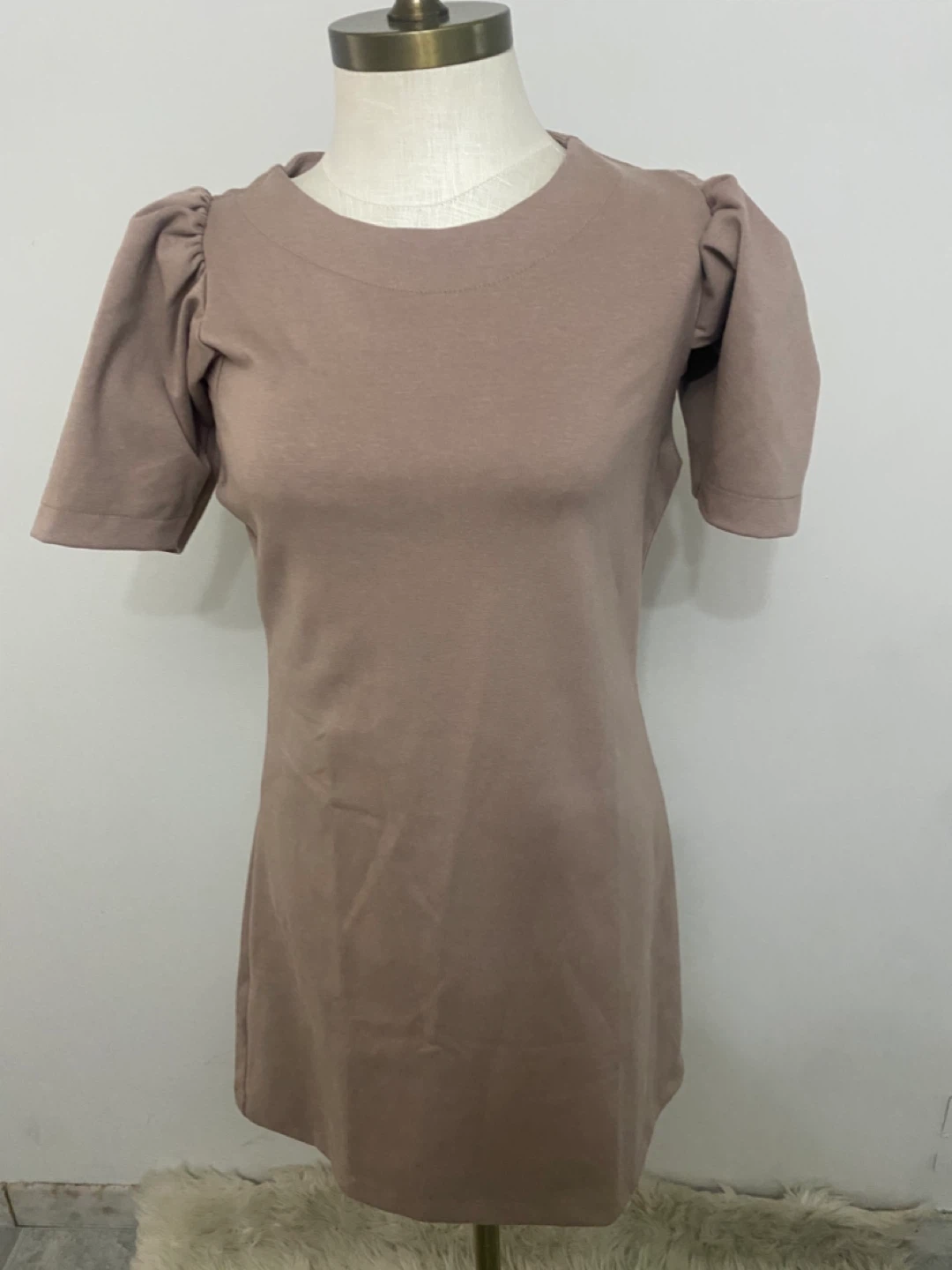 Pull-On Brown Short Sleeve Puff Sleeve Dress