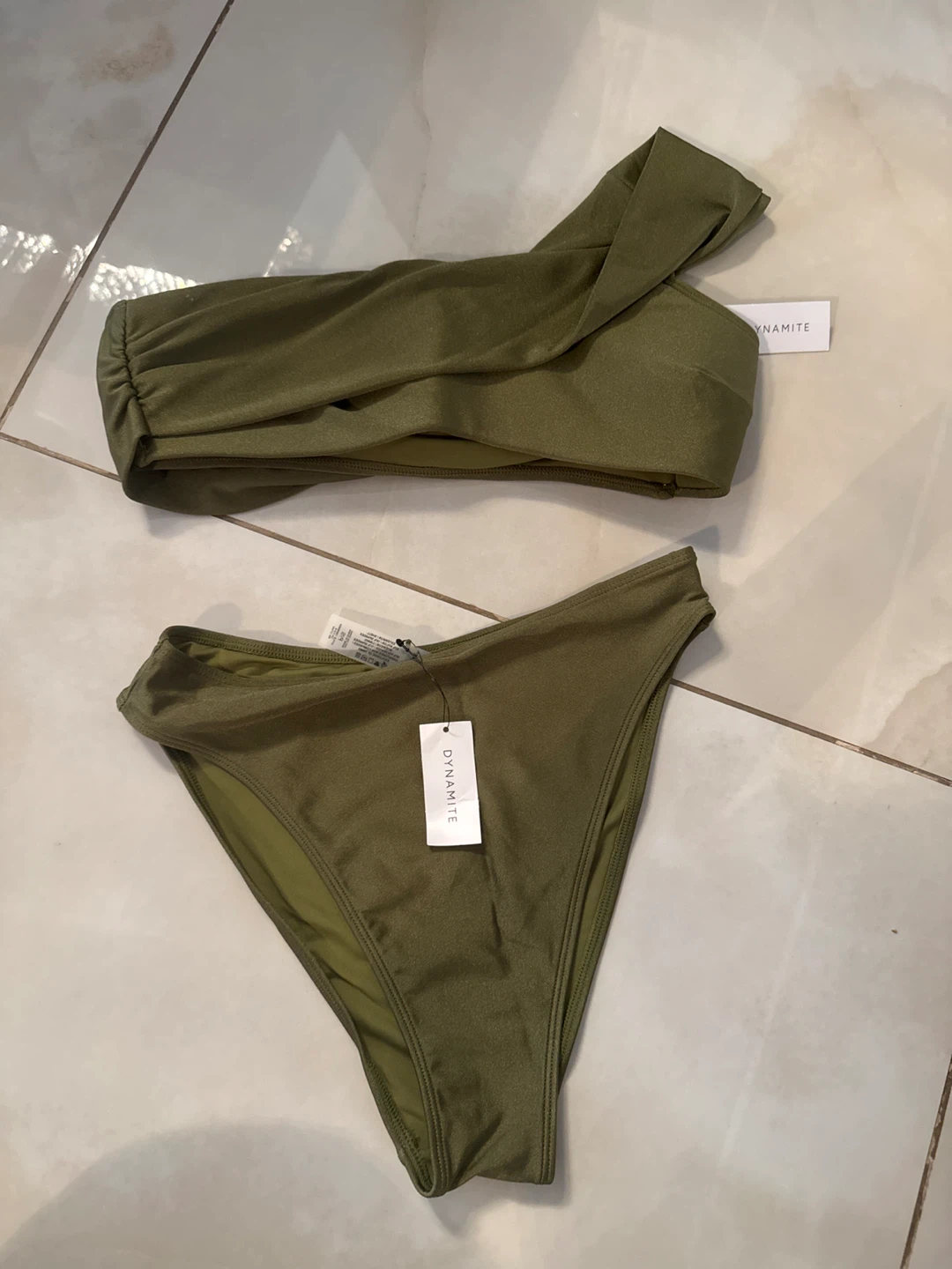 Dynamite One Shoulder Bikini Set - Olive Green