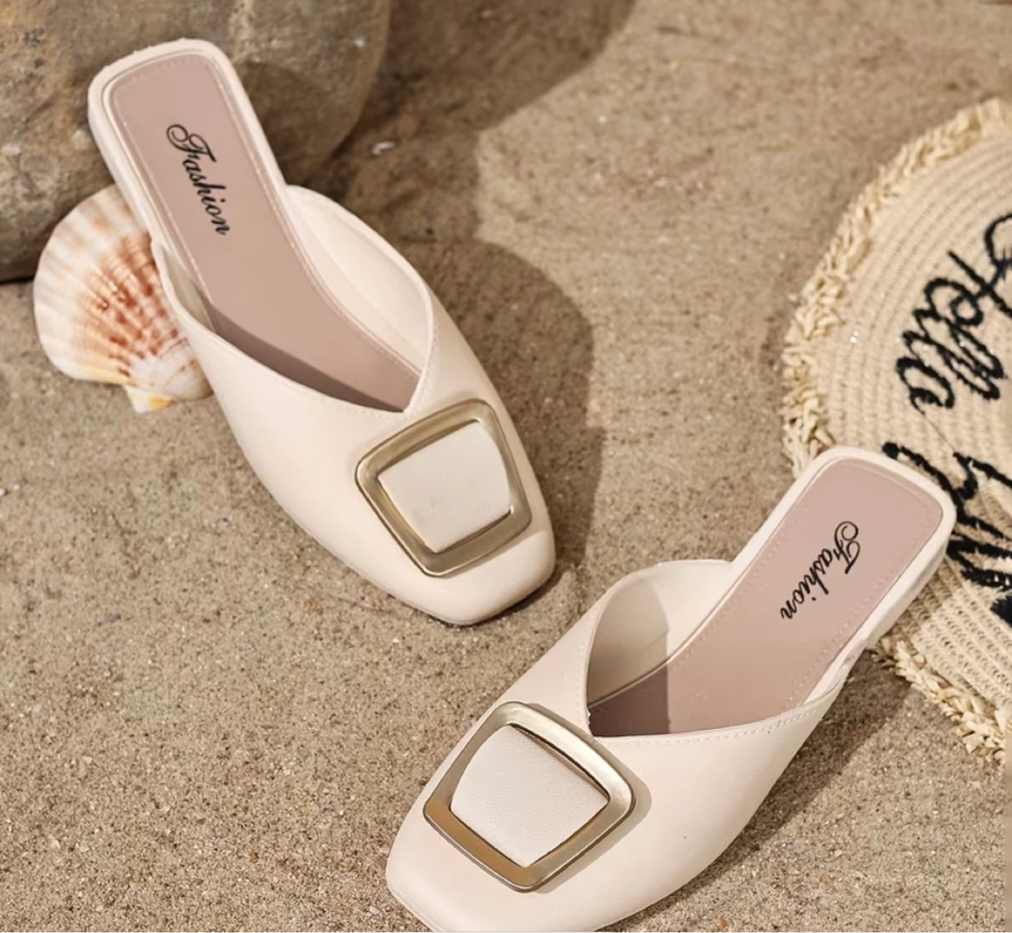 Women's White Slip-On Mules with Gold Buckle - photo 5