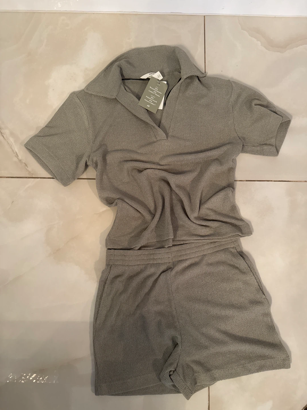 H&M Grey Ribbed Knit Top & Shorts Set
