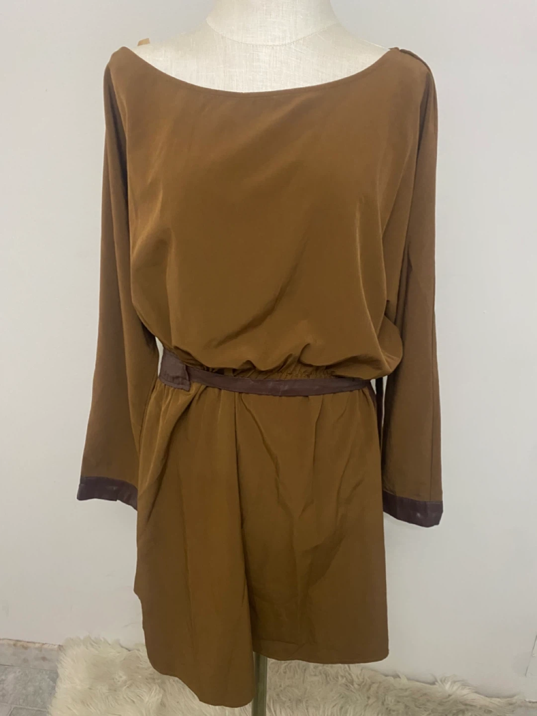 Long Sleeves Brown Silky Dress Size