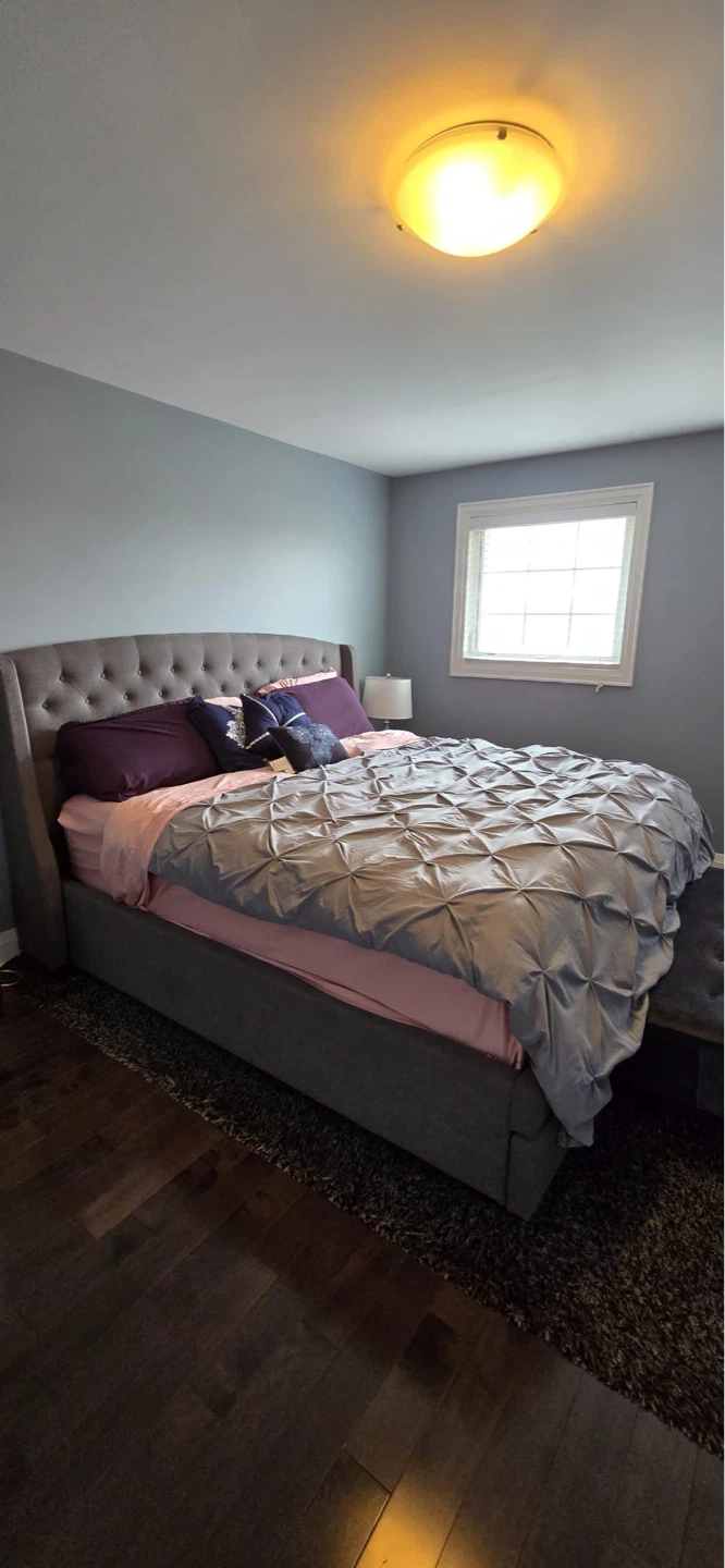 Gray Upholstered King Size Bed Frame and matching ottoman