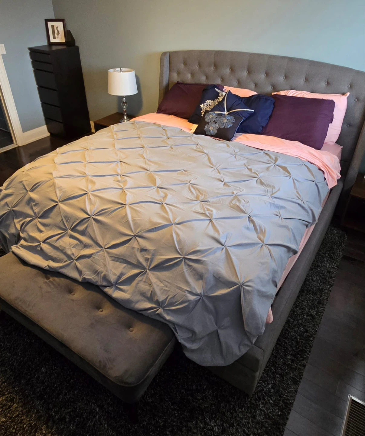 Gray Upholstered King Size Bed Frame and matching ottoman - photo 2