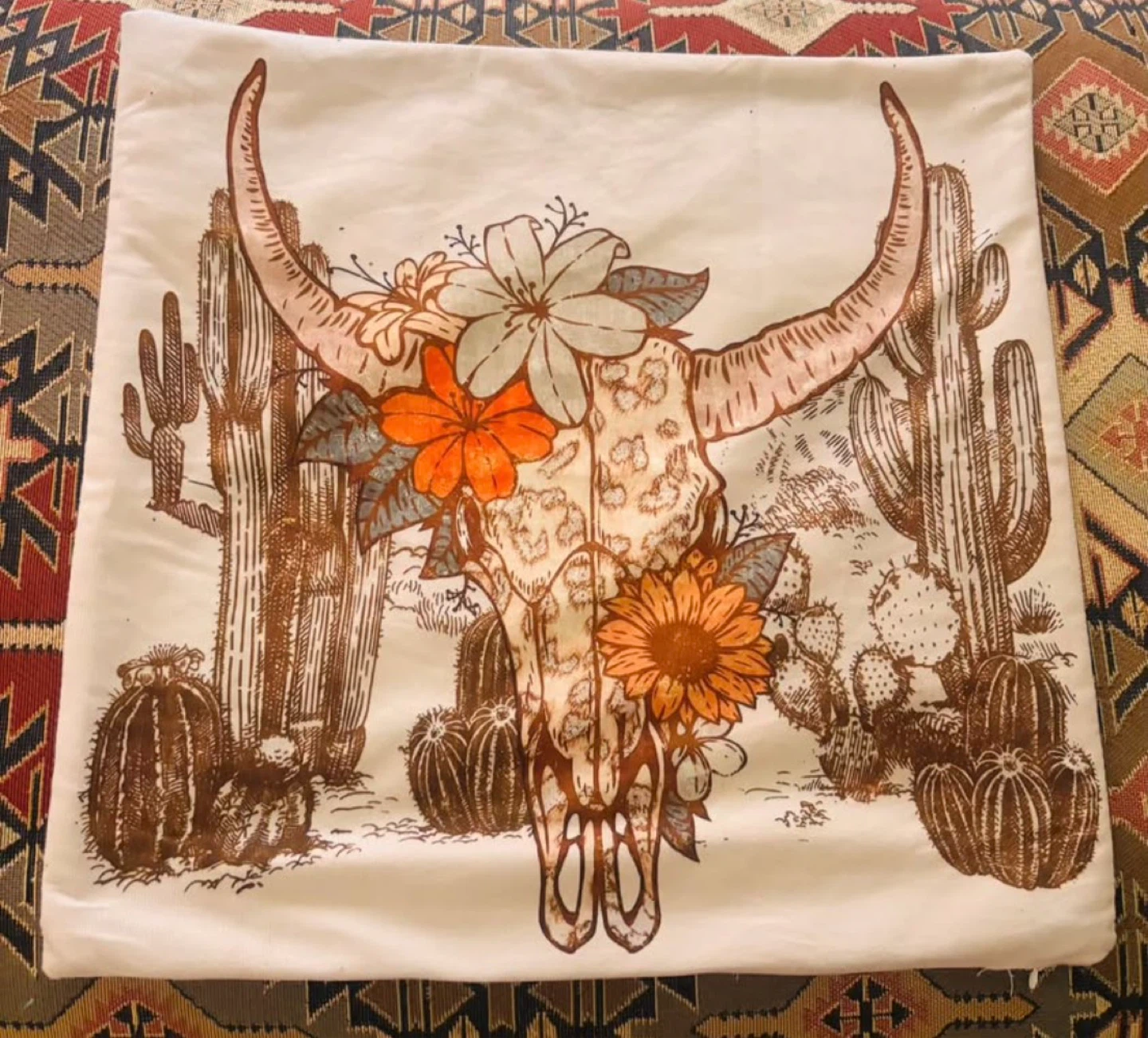 Cow Skull and Cactus Print Pillow Cover