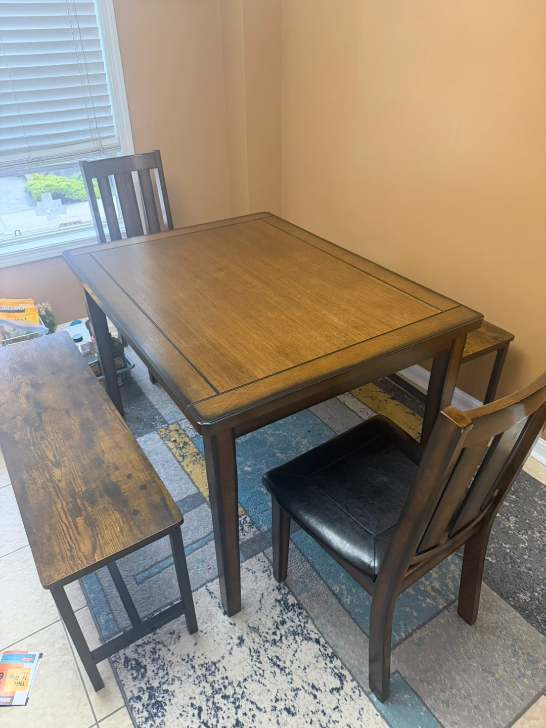 Wooden Dining Table Set with 2 Benches and 2 Chairs