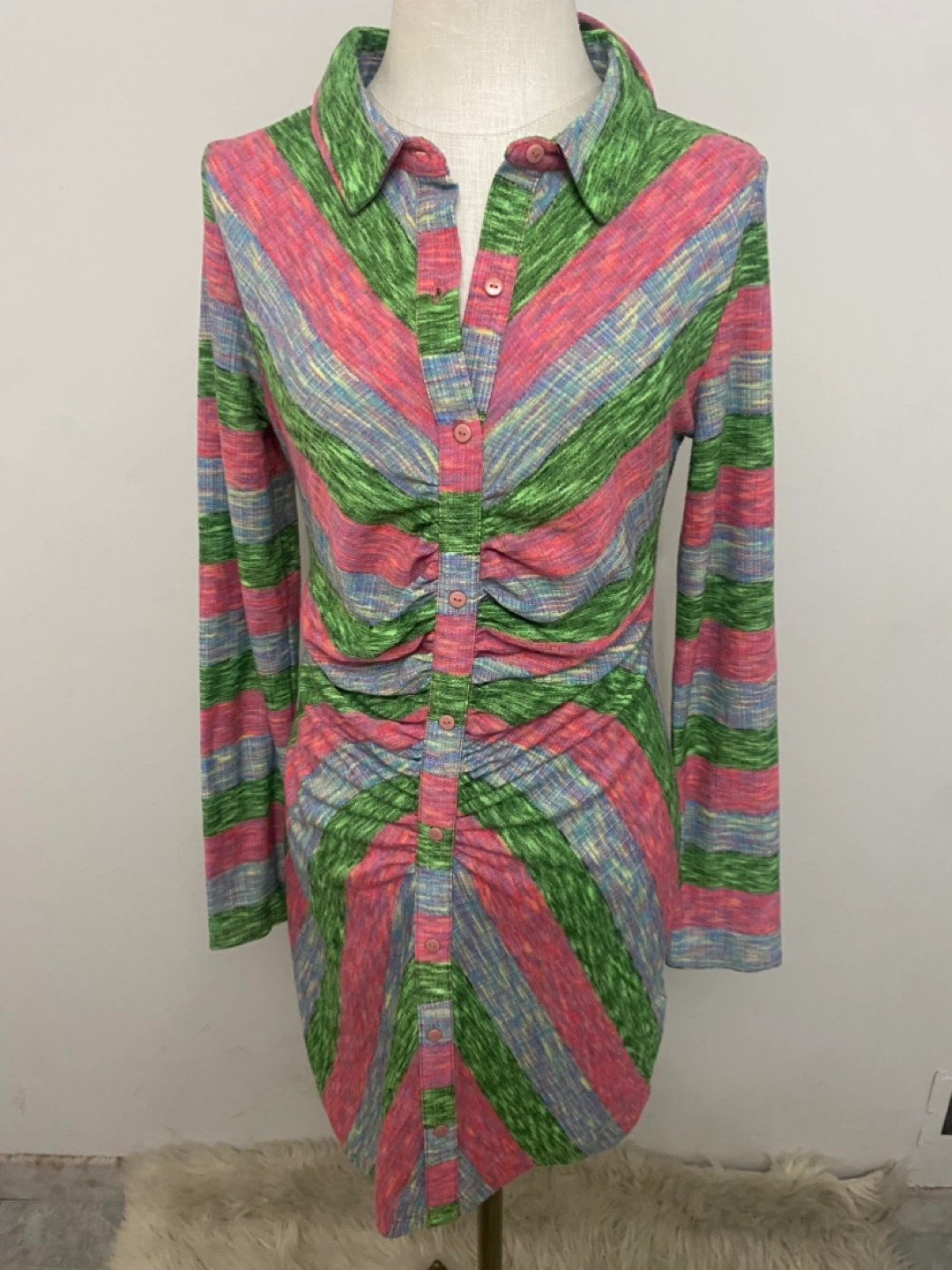 ZARA Pull On Striped Ruched Button-Up Shirt Dress Size L