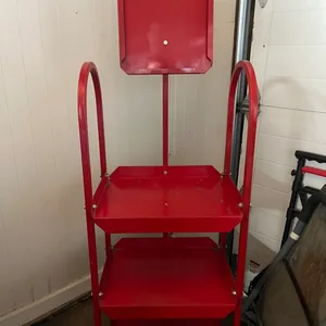 Vintage Red Metal Utility newspaper display stand with 3 Shelves