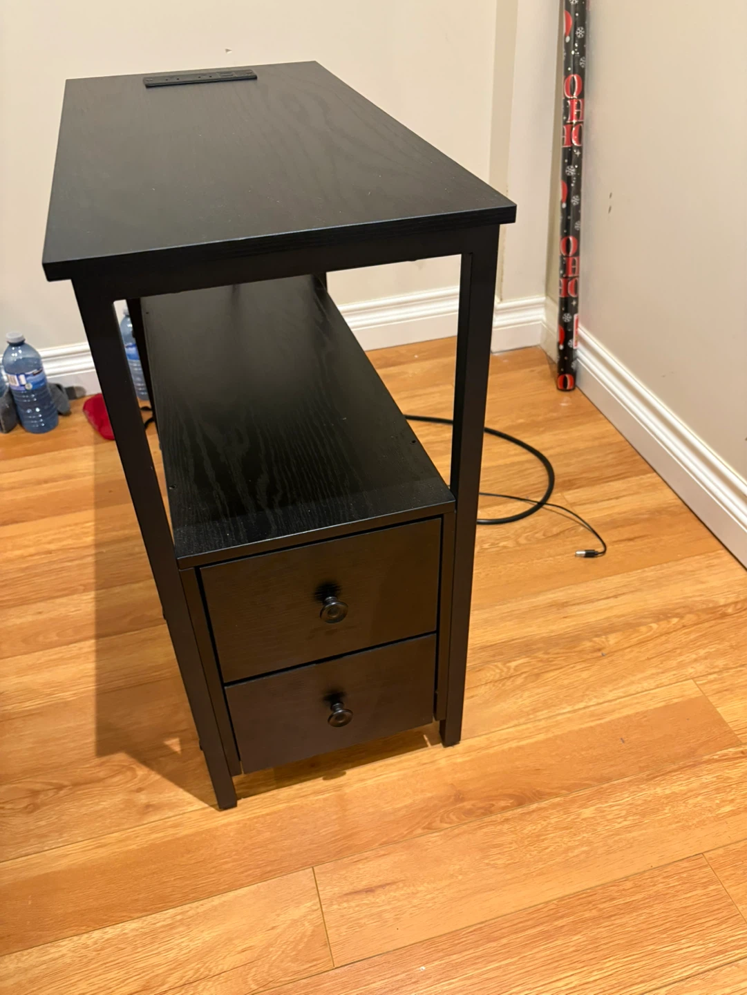 Black Wood Side Table with 2 Drawers and Built-in Outlet - photo 2