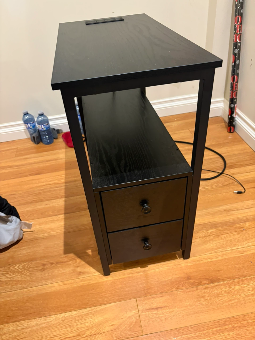 Black Wood Side Table with 2 Drawers and Built-in Outlet